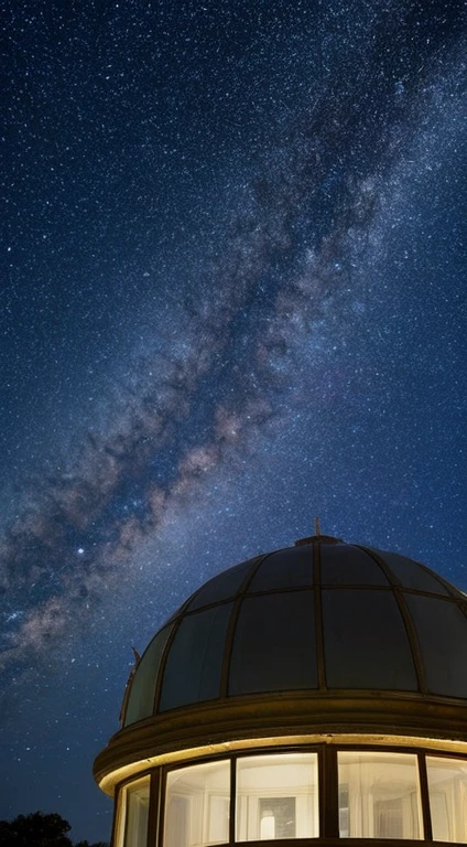 An observatory with a glass dome　Shooting from a camera angle looking up at the roof　Beautiful Milky Way