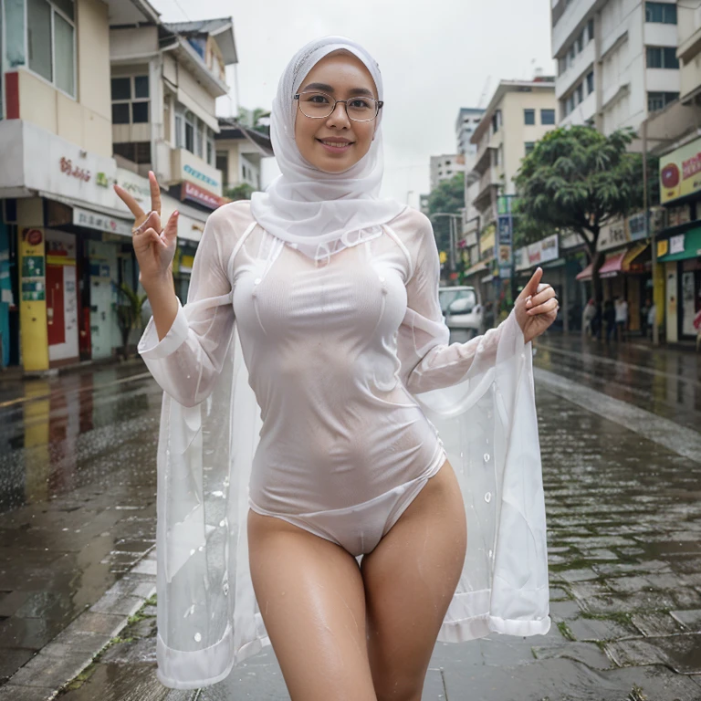 Young beautiful sweet sundanese Bogor city girl, 25 years old, slim body, georgeus face, no underwear, wearing wet white thin hijab, all her hairs covered under her hijab, wearing wet white thin see through very transparent buttoned mini dress, wearing wet white thin strict see through very transparent lacy panty, standing cheerful in the hard rain on the Bogor city street side walk, rain drop visible, water flowing down through all the thing, dense hairy vagina visible through her panty, happy face, one of her hand waving up high, realistic normal fingers, wearing wet glasses, wearing expencive high heels, carrying a expencive hand bag,