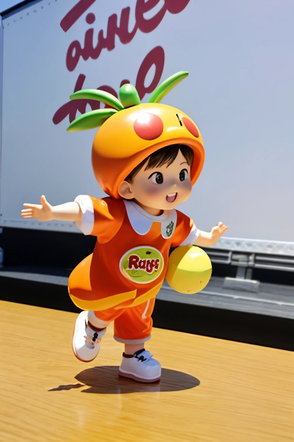 Blind Box、The  is performing on stage、Wearing cute fruit costumes、action、Jump、Take a photo from the side