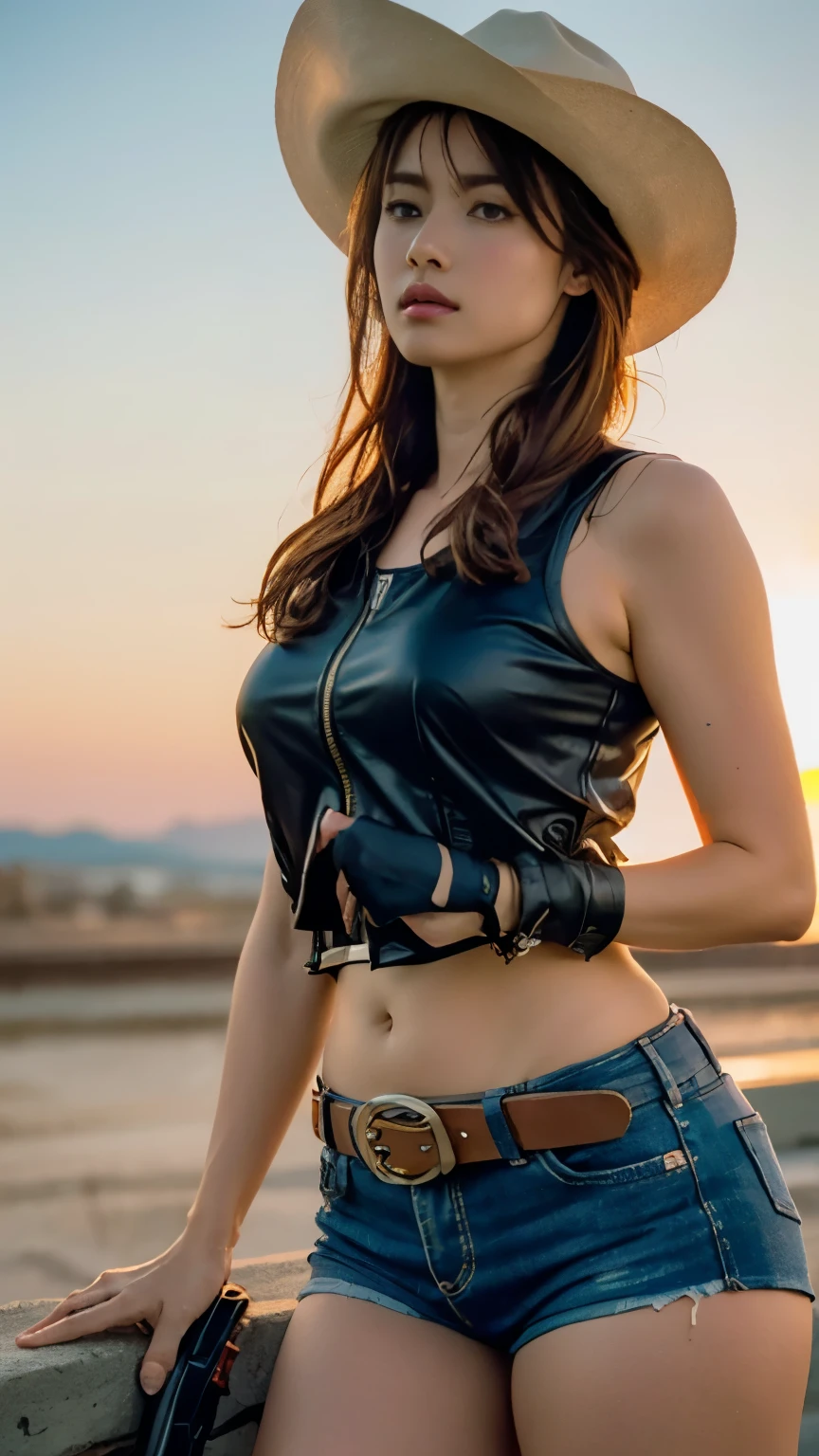 ((Perfect Anatomy)) ,Masterpiece,Ulzan 6500,(Realistic, photoRealistic),(The story is set in the American frontier, where a 20-year-old woman in a cowboy hat looks great and is a beautiful, skilled female sheriff who takes down the bad guys from the movie "A Gunfighter in the Sunset Strip."),Wild West cityscape,wasteland,Gunslinger Costume,(He wears a fine, engraved gun belt with a revolver in it.:1.3),(Long Barrel Revolver:1.3),She was holding a long-barreled revolver and standing with her head tilted and her chin up in the middle of a dusty paved road lined with old wooden ramshackle houses.,(The sheriff's badge glows dully.),(He was wearing a worn-out dress shirt stained with sweat and dust, a shiny black leather vest, slim jeans, western boots, and an old cowboy hat soaked with sweat.),A muscular coke bottle body with a proud F cup bust and firm hips, (((A serious-looking female sheriff in an old cowboy hat with a bullet hole in it.))),4K full body shot from behind,Clear Skin,(In 8K, RAW Photos, highest quality, Tabletop),Red sunset,Cinema Lighting,(Realistic, Photorealistic),