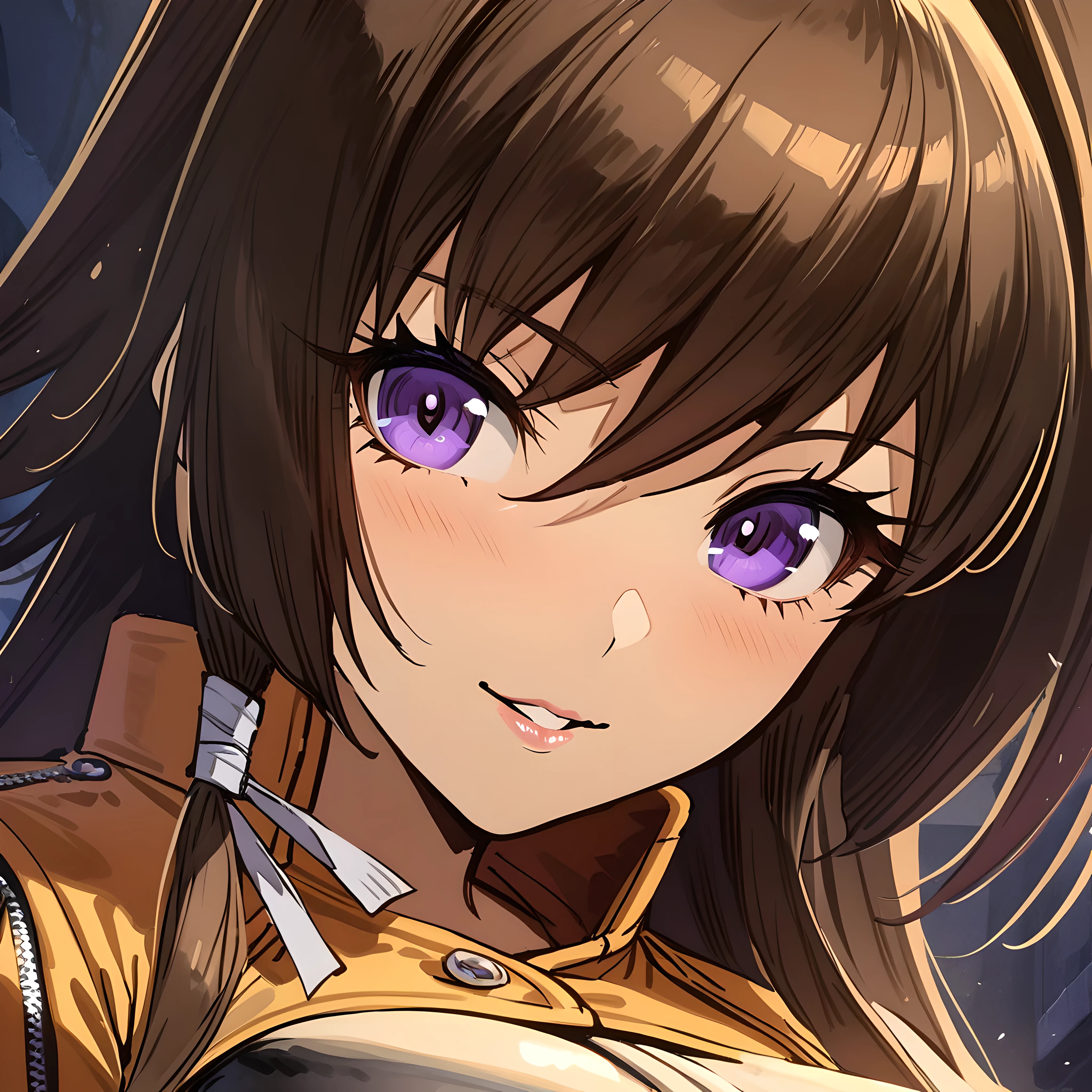 (masterpiece),(best quality),(ultra-detailed),(best illustration),(best shadow),(absurdres),(detailed background),(very aesthetic), 1girl, solo, takamura yui, brown hair, purple eyes, long hair, originaloutfit, portrait, luscious lips, large breasts, seductive smile, 