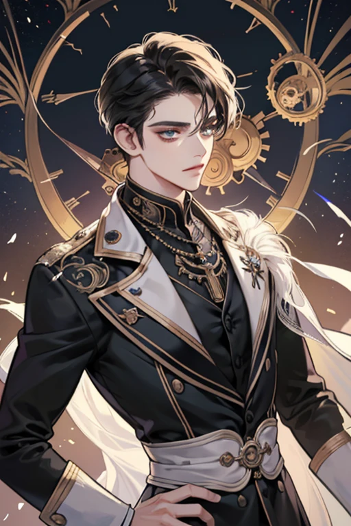 Robot Butler with Mechanical Engineering Profile, gravata steampunk, detalhe sombra suave, Mechanical face with an ennui atmosfera, One-handed mechanical decorative cane, de baixo, Mecanicamente com detalhes intrincados e insanos, Sobre o uniforme de mordomo intrincadamente detalhado, subtle lighting elements, mechanical cool beauty, Tiro de corpo inteiro, de lado, cute cyber butler outfit, An atmosfera of beauty like a finely honed blade, sombras muito finas, fundo de doodle de garoa, eternal clock, Parece o vento da eternidade, atmosfera, dim white lighting, street art graffiti inspiration, Olhos que mostram tristeza, brave expression, darkest twilight, Detail of oil paint illustration with darker core, detalhes ultra claros, textura muito clara, pinceladas complexas, alta qualidade, high resolution, da mais alta qualidade,