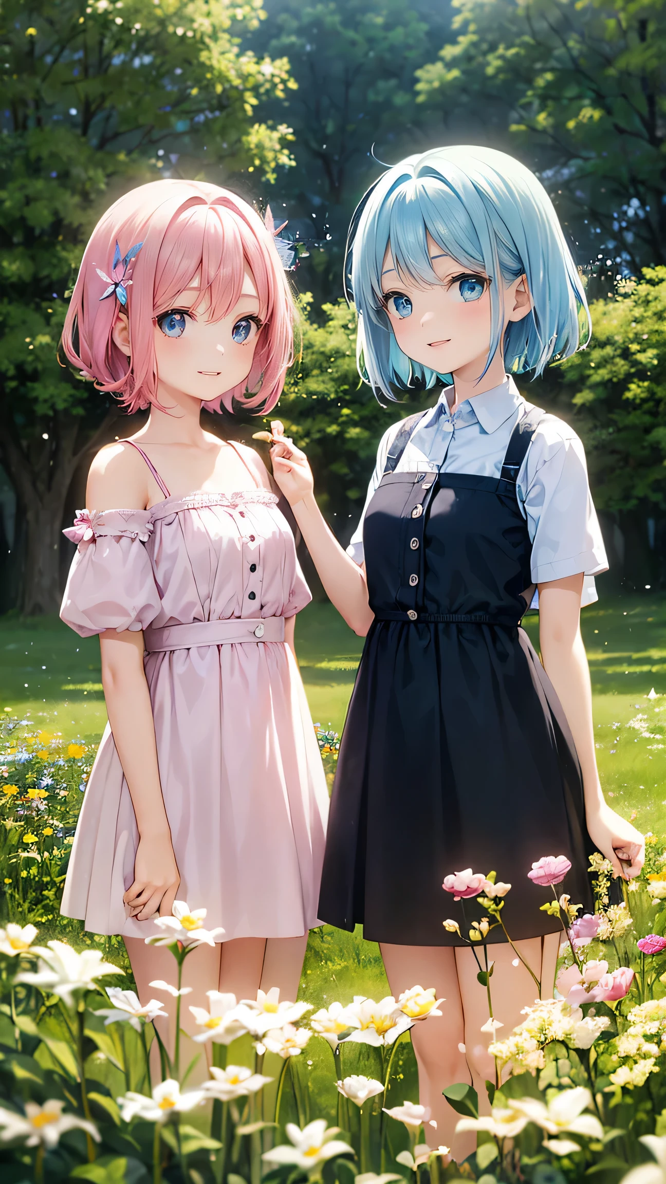Two pure and innocent girls,10 years old、2 people(Pink-haired person、1 Name Light Blue Hair)、Cute face、Beautiful Eyes、Natural Beauty、Warm sunshine、Wildflowers swaying in the wind々Surrounded by、Enjoying time in the fields。Butterflies and birds fly around her、Creates a playful atmosphere、fun、smile、