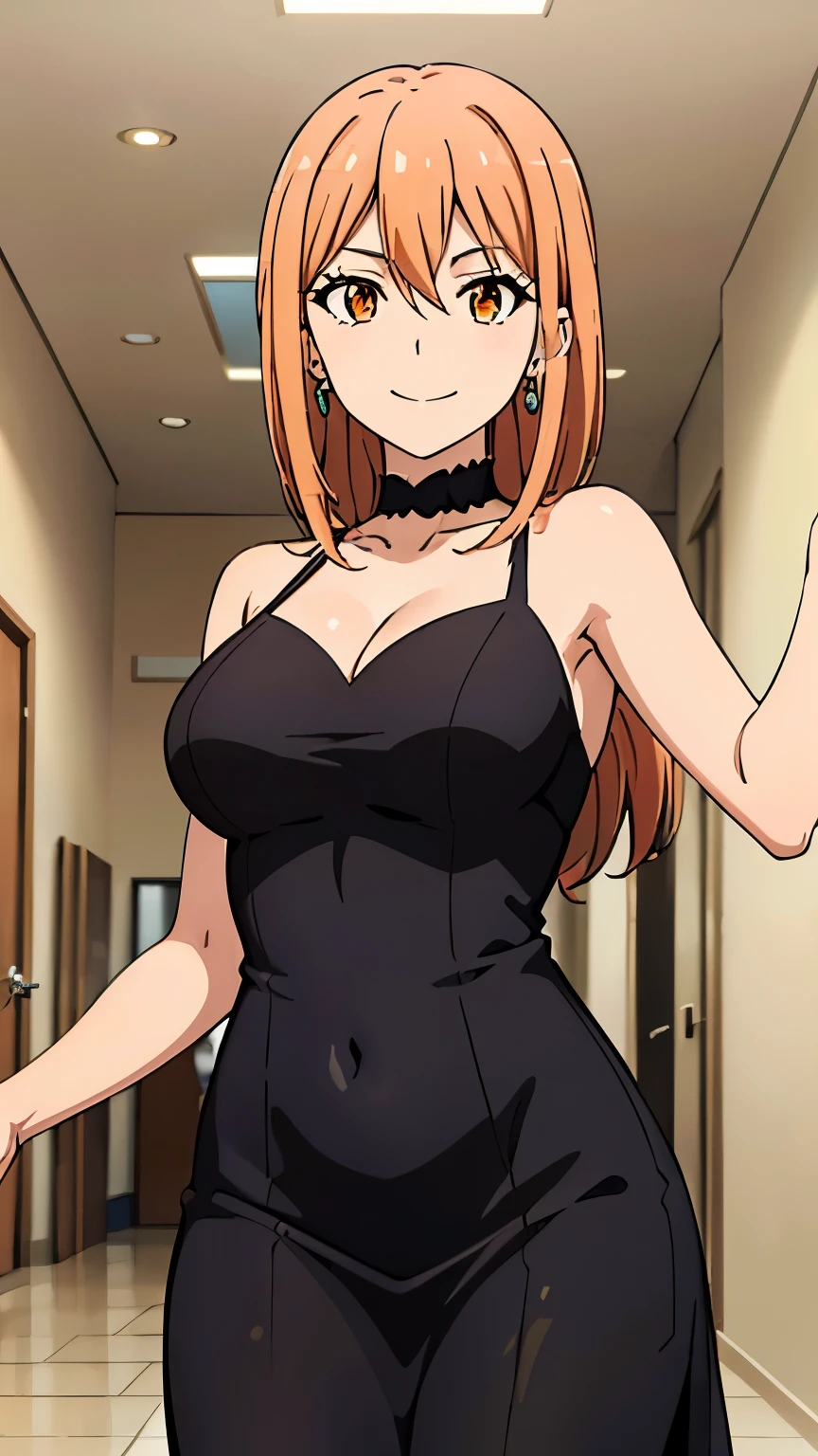 (Top quality, 8K, Masterpiece: 1.2), anime art style, Super detailed, Illustration, Yuigahama Yui's mother, 30's body, large medium breasts, adult, Mature look, orange eyes, smile, between the eyes, 1 girl, long hair, straight hair, shiny hair, focus only, looking at the viewer, alone,(party dress, makeup, earrings, hall), stylish pose, stylish angle, in the center of the image, cowboy shot