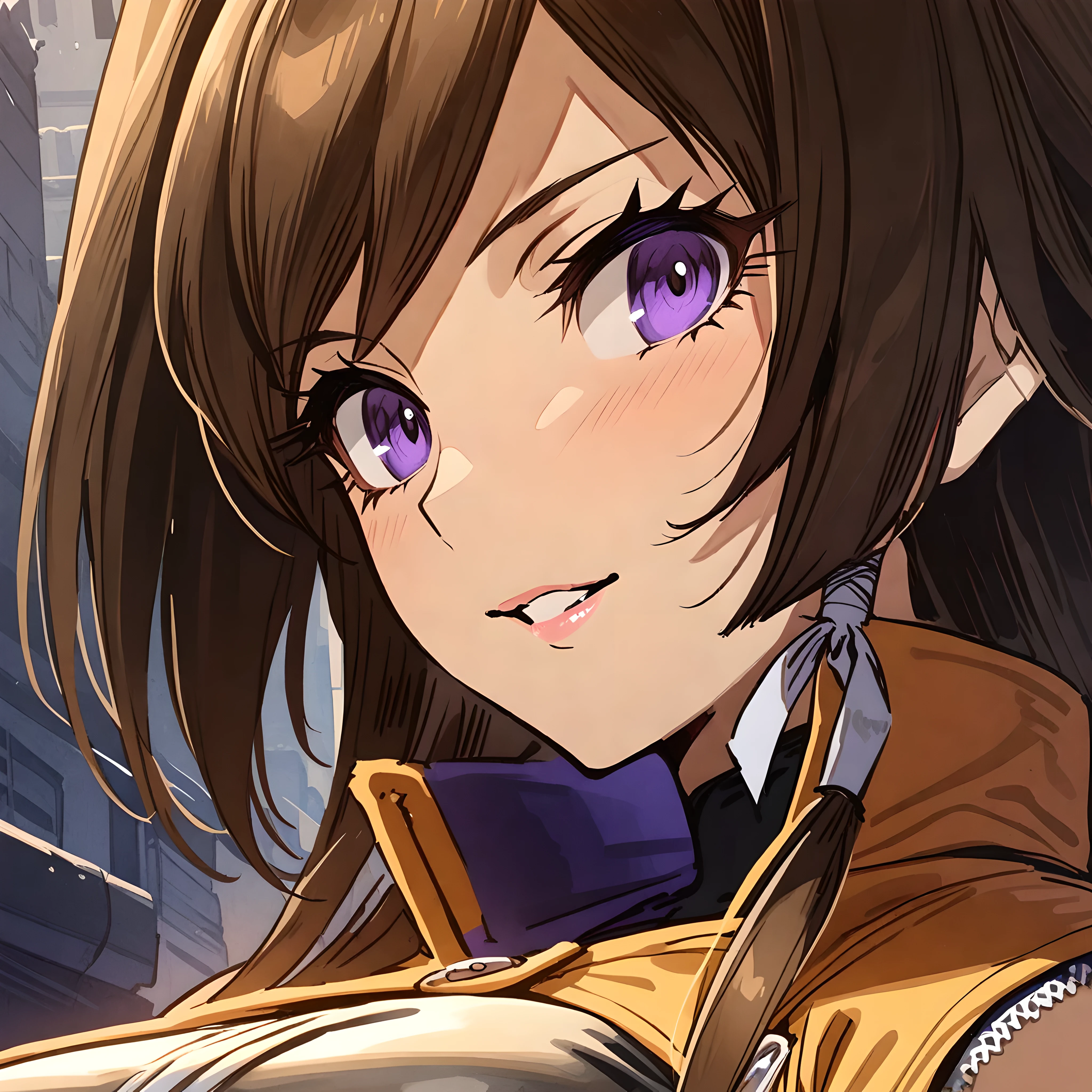 (masterpiece),(best quality),(ultra-detailed),(best illustration),(best shadow),(absurdres),(detailed background),(very aesthetic), 1girl, solo, takamura yui, brown hair, purple eyes, long hair, originaloutfit, portrait, luscious lips, large breasts, seductive smile, 