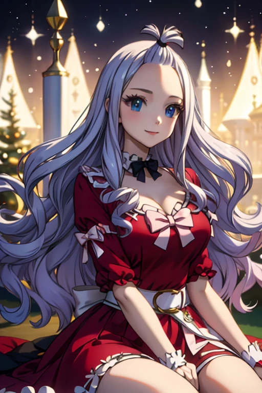 (mastpiece),ultra-detailed,realistic: Mirajane Strauss, Santa Claus costume, beautiful smile, long silver hair, sparkling blue eyes, rosy cheeks, delicate facial features, graceful posture, lively expression, elegant Santa hat, fluffy white fur trim, red velvet dress, golden belt, black boots, snowflakes falling in the background, warm festive atmosphere, soft studio lighting, vibrant colors.