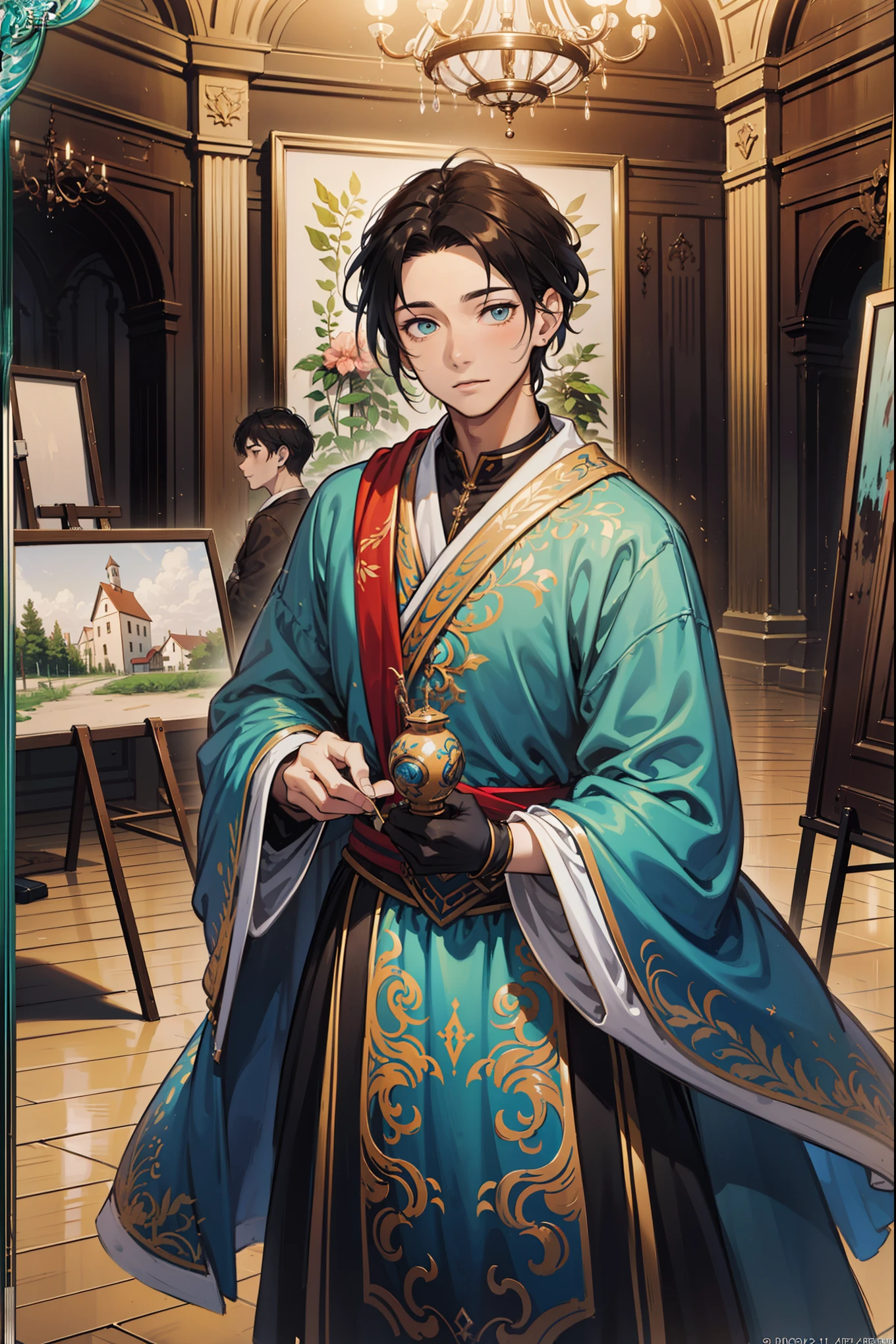 (Best quality, A high resolution, Textured skin, High quality, High details, High details,Extremely detailed CG unity), (male), Enchanted,having fun,Being in love,artist in fantasy world, exquisite costumes,solo person,day, Dazzle, male, handsome, (art studio), (in art studio), painting male, more details, detailed art studio scene, art studio detailed, (holding whisk:1), paint materials, art tools, paint tools everywhere