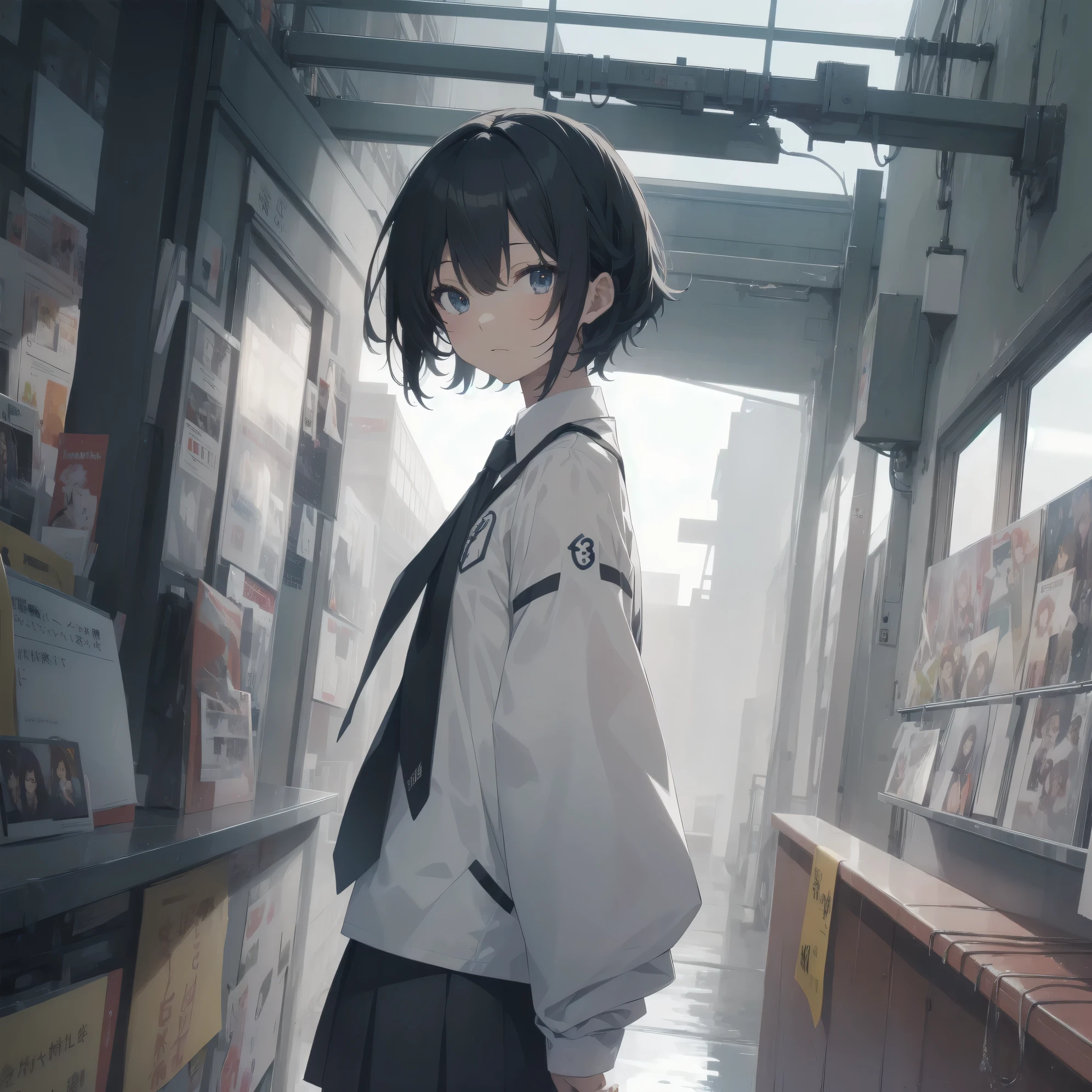 ultra-absurdres-Top quality by artist God, ultra-detailed, high resolution, anime moe artstyle, best anime 8k konachan wallpaper, pixiv contest winner,pool:2810, perfect ???????,break, 1girl, (Please draw a girl walking sleepily to school alone. )break,(Solo,little female, 13-year-old:1.3),Full limbs, complete fingers,a junior high school student,  (very short hair), short cut, flat ?????, , small ????, small black eyes, beautiful detailed eyes, well-proportioned iris and pupils, expressive eyes, highres detailed hair, soft expression, school_uniform, official_alternate_costume, neckerchief, collared shirt.  pleated skirt,(Detailed Lighting), (Detailed background), in the School commute route. break,super detailed skin, Best cinematic lighting powered by famous artist, 8k,beauty illustration,photoshop_(medium),very aesthetic,break,((artist:ido_(teketeke))), artist:bolze ,artist:oyari_ashito ,artist:kantoku ,