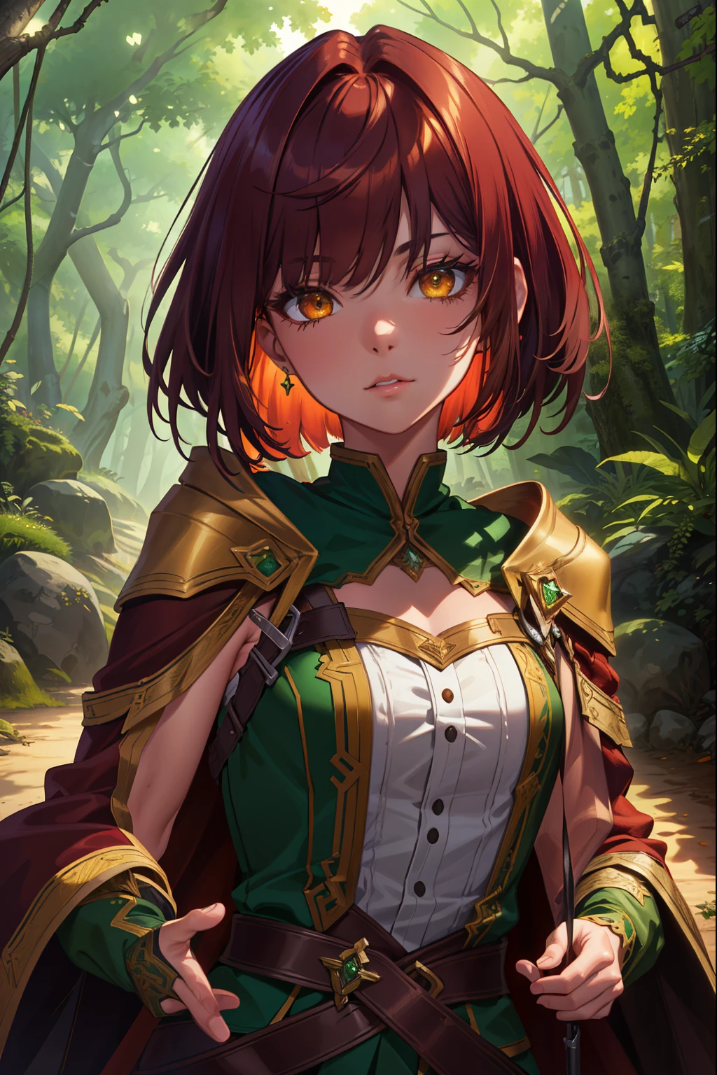 (extremely detailed CG unity 4k wallpaper),(masterpiece),(best quality),(ultra-detailed),(best illustration),(best shadow),(absurdres),(detailed background), Fantasy forest camp setting,Shoulder length Dark Red hair (Bob cut), Amber eyes, Green cloak, calm expression, close up,