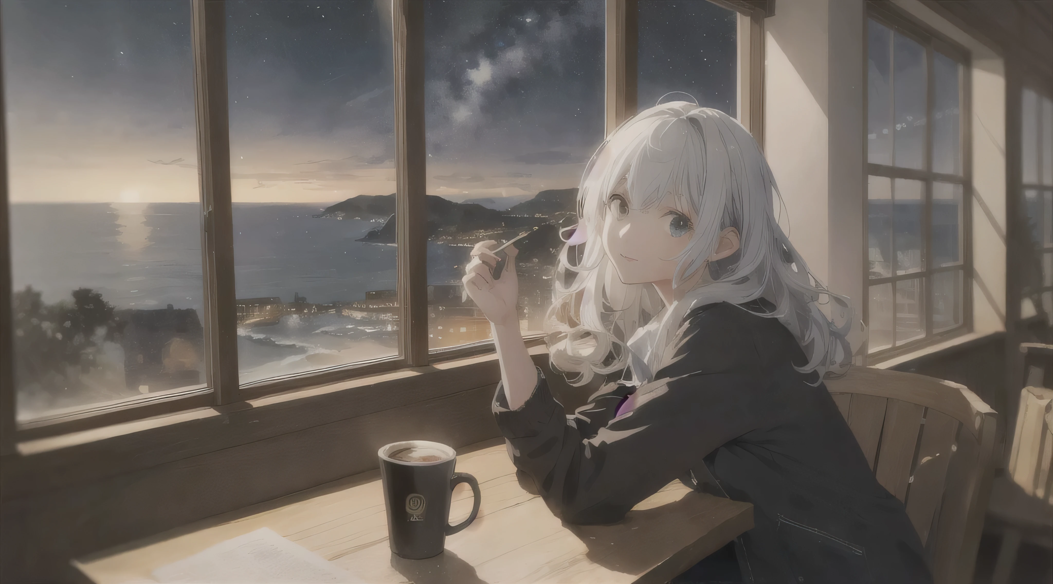 (highest quality: 1.5), (Super detailed: 1.5), (highest quality Photo: 1.5), Cafe,coffee,Outside the window, the sea as far as the eye can see, Starry Sky, Meteors, horizon, Pitch black sea, Midnight, Midnight, Milky Way, nebula, Particles of light, Very delicate and beautiful, very detailed, Mysterious, Cinematic Angles, 8k resolution, elegant, perfection, Smooth,Beautiful girl looking forward,one person, very cute, curly,