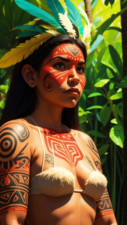 Comic art, digital paint. A beautiful indigenous girl in native with feathers and feathers on her head, amazon indian peoples in brazil, beautiful young female brazilian Native girl, paint face, hot body, Yanomami Indian in typical costumes,High quality. Amazonia forest and river Background. vivid colors, cinematic lighting. detailed, intricate, detailed face.