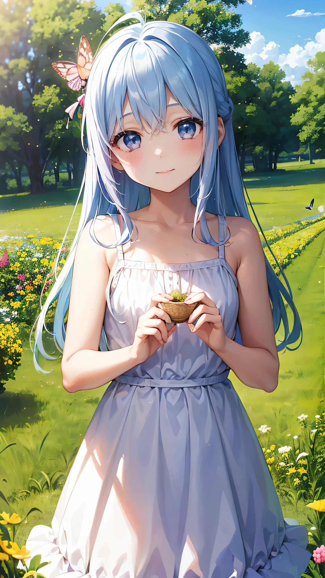 Two pure and innocent girls,10 years old、2 people(Pink-haired person、1 Name Light Blue Hair)、Cute face、Beautiful Eyes、Natural Beauty、Warm sunshine、Wildflowers swaying in the wind々Surrounded by、Enjoying time in the fields。Butterflies and birds fly around her、Creates a playful atmosphere、fun、smile、