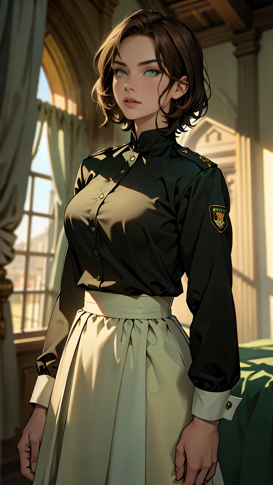 Masterpiece, highest quality, ultra detailed, beautiful woman, brown hair, short hair, green eyes, (large breasts), wearing maid uniform, (black uniform), cinematic lighting, standing in castle
