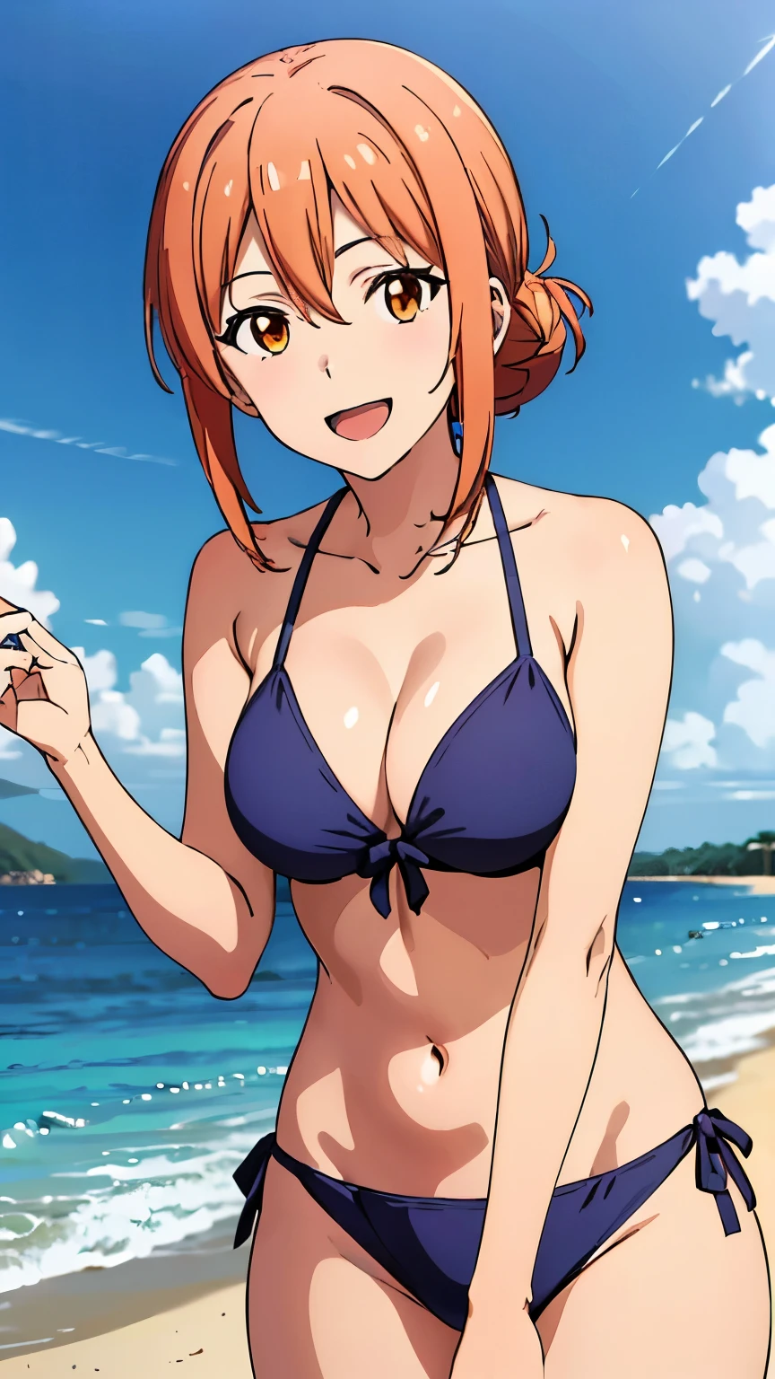 (Top quality, 8K, Masterpiece: 1.2), anime art style, Super detailed, Illustration, Yuigahama Yui's mother, 30's body, large medium breasts, adult, Mature look, orange eyes, open mouth, smile, between the eyes, 1 girl, bun hair , shiny hair, focus only, looking at the viewer, alone,(swimsuit, beach, sea), from below, stylish pose, stylish angle, in the center of the image, cowboy shot