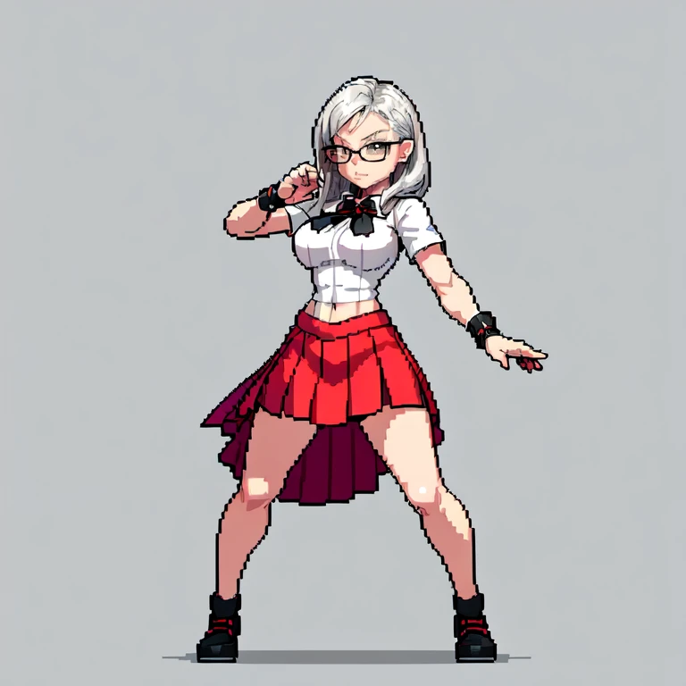 (masterpiece, top quality, best quality), pixel,pixel art,1girl,bosom,glasses,shirt,skirt,silverhair,punch power,full body,