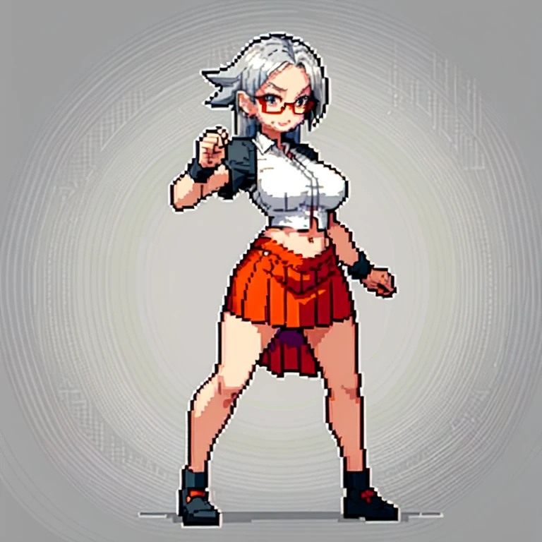 (masterpiece, top quality, best quality), pixel,pixel art,1girl,bosom,glasses,shirt,skirt,silverhair,punch power,full body, 
 