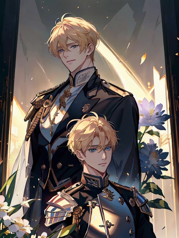 ((masterpiece:1.2、top-quality))、((Two men))、blonde hair、blue eyess(a handsome:1.4)、Guys only:1.3、Uniforms、royalty、Black Knight、Short black hair、Golden Eyes、Scar on the right eye、Black Armor、Fantasia、blooming flowers、sunlights、Fantastic Light and Shadow、landscapes、extra detailed face、portraitures、A smile