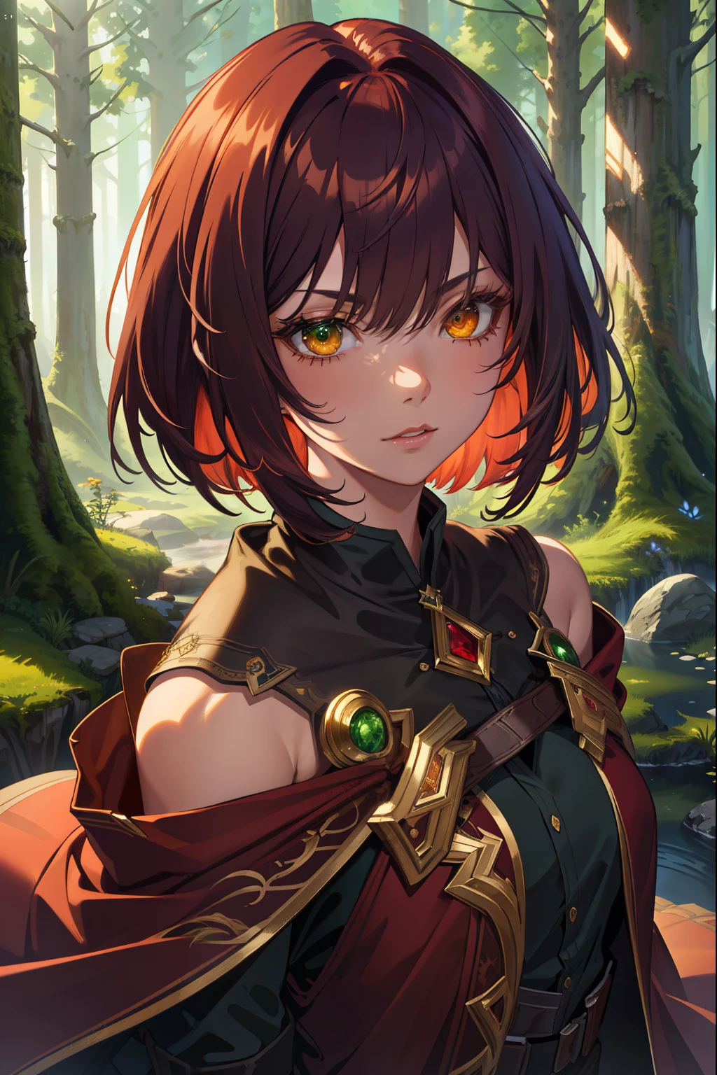 (extremely detailed CG unity 4k wallpaper),(masterpiece),(best quality),(ultra-detailed),(best illustration),(best shadow),(absurdres),(detailed background), Dark Fantasy forest setting,Shoulder length Dark Red hair (Bob cut), Amber eyes, Green cloak, neutral expression, close up,
