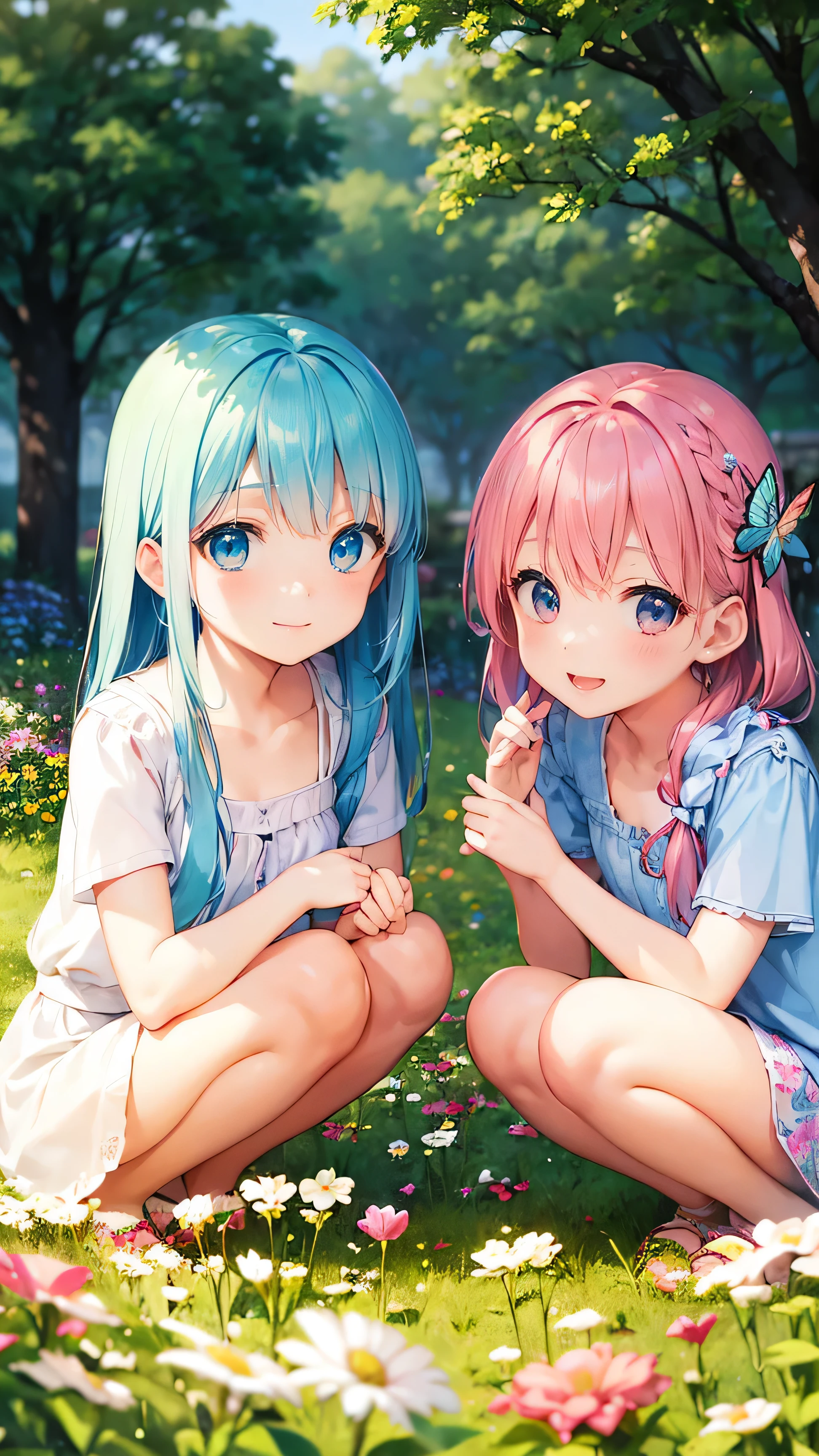 Two pure and innocent girls,10 years old、2 people(Pink-haired person、1 Name Light Blue Hair)、Cute face、Beautiful Eyes、Natural Beauty、Warm sunshine、Wildflowers swaying in the wind々Surrounded by、Enjoying time in the fields。Butterflies and birds fly around her、Creates a playful atmosphere、fun、smile、