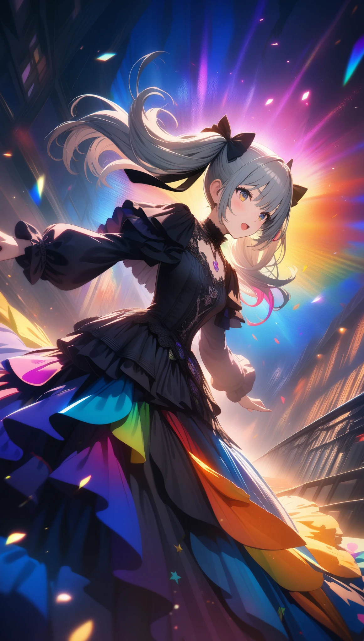 32k, best quality, ultra high res, HDR, UHD, extremely detailed CG, unity 32k wallpaper, (One girl),Gothic,Twin tails,Gray Hair, organza lace,Gorgeous and elaborate clothes,Gothic, flight, green, (colorful), Bold, Gradient Blend, Motion Blur, Sparkling Texture, Dynamic configuration, Atmospheric perspective, Impressionist, , (masterpiece), (highest quality), wonderful, (Beautiful fine details), (In detail), Depth of written boundary, Highly detailed CG, original, Highly detailed wallpaper, (Vibrant colors), Cinema Lighting,  (colorful), blush,
