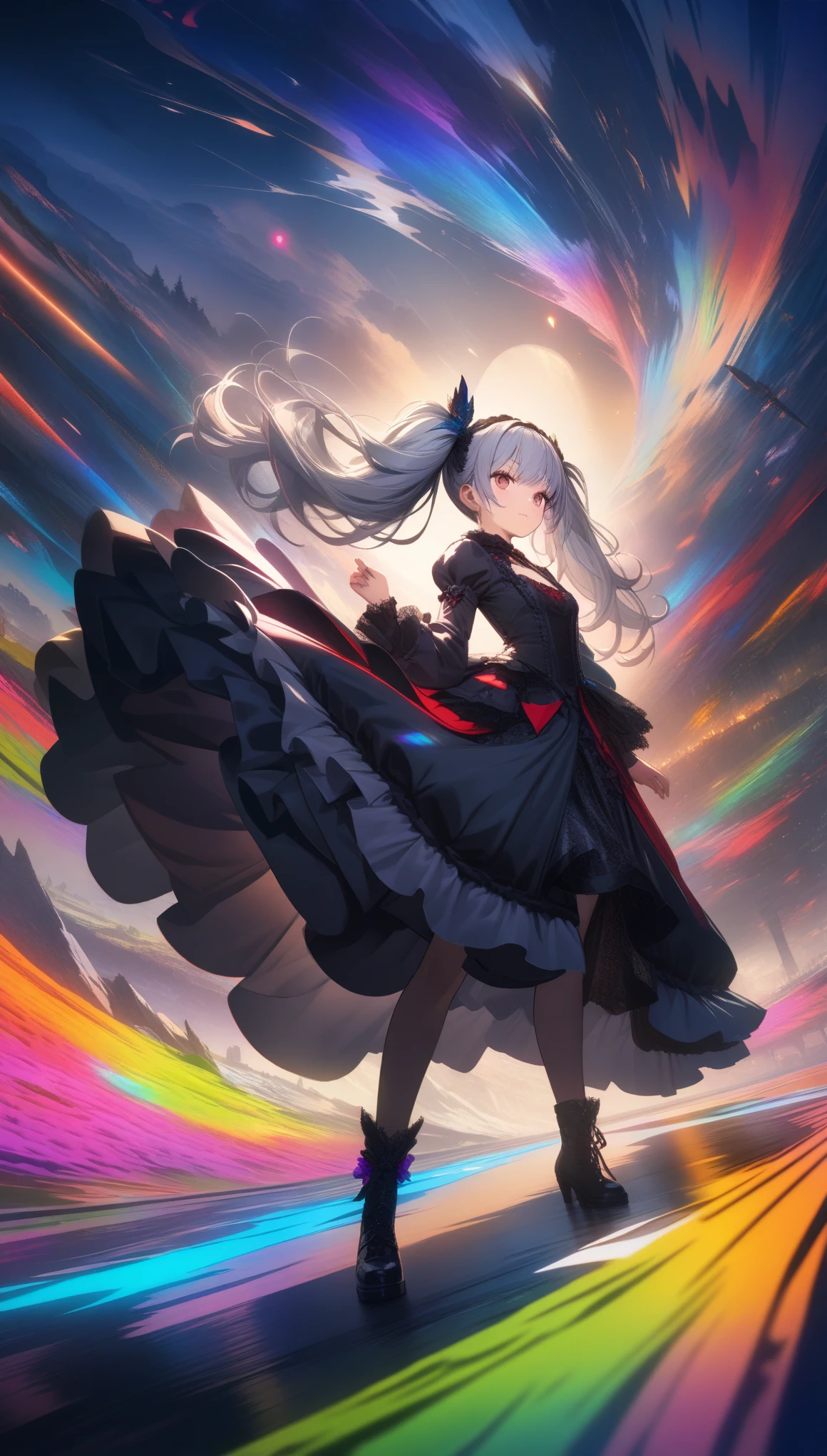 32k, best quality, ultra high res, HDR, UHD, extremely detailed CG, unity 32k wallpaper, (One girl),Gothic,Twin tails,Gray Hair, organza lace,Gorgeous and elaborate clothes,Gothic, flight, green, (colorful), Bold, Gradient Blend, Motion Blur, Sparkling Texture, Dynamic configuration, Atmospheric perspective, Impressionist, , (masterpiece), (highest quality), wonderful, (Beautiful fine details), (In detail), Depth of written boundary, Highly detailed CG, original, Highly detailed wallpaper, (Vibrant colors), Cinema Lighting,  (colorful), blush,