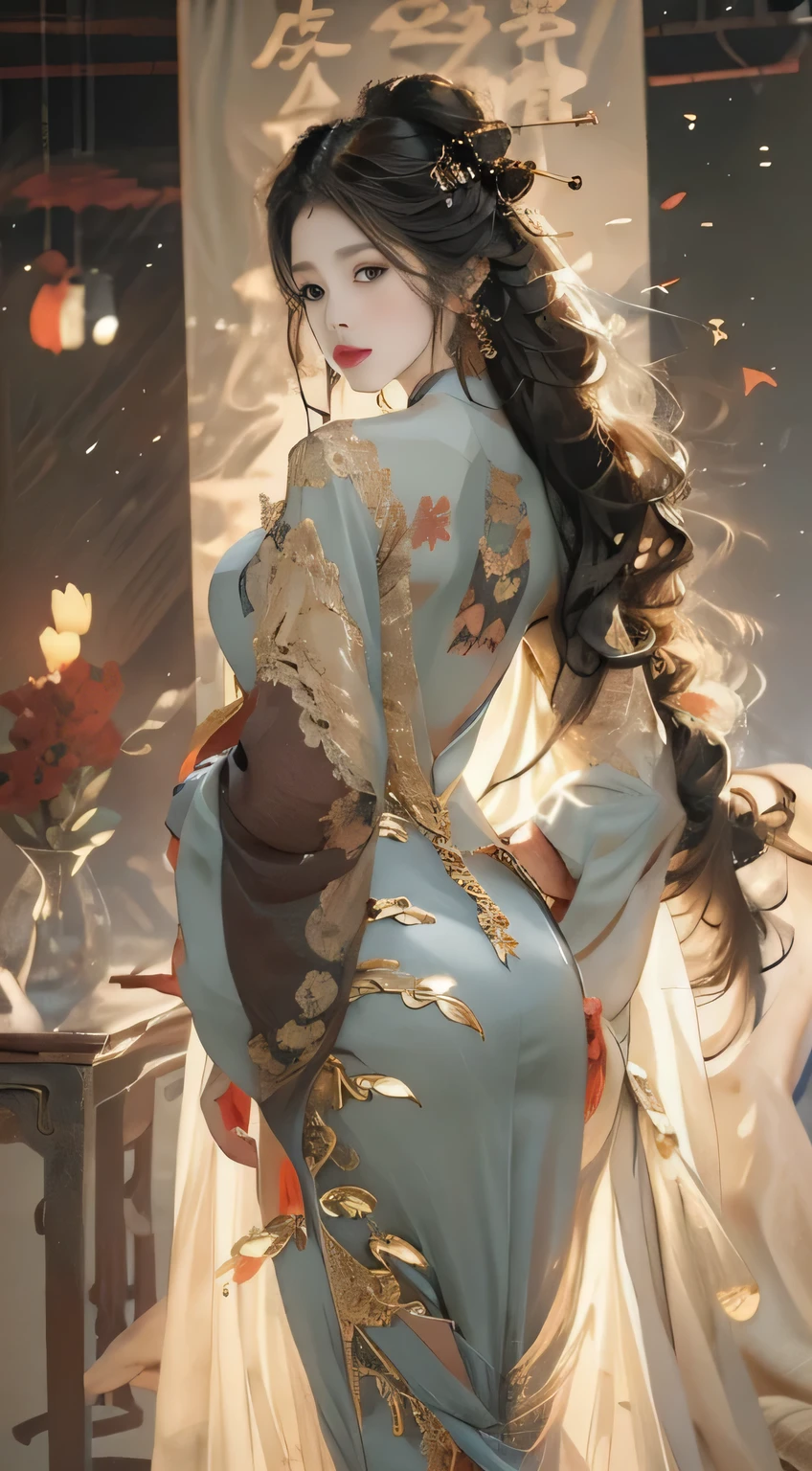 Photorealistic, high resolution, 1 woman, Hips up, Beautiful eyes, Long hair, ringed eyes, jewelry, tattoo, Hanfu, Chinese fairy, Taoist uniform
