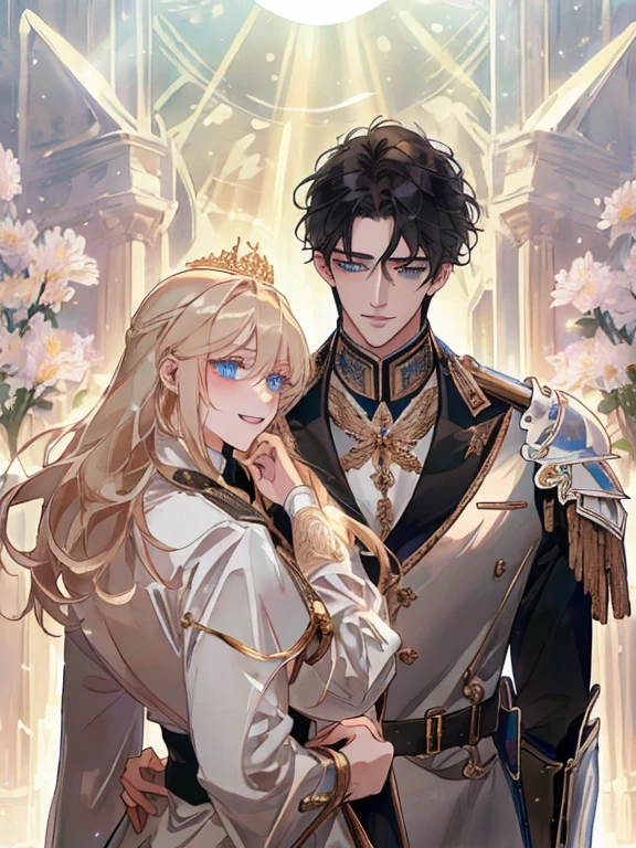 ((masterpiece:1.2、top-quality))、((Two men))、blonde hair、blue eyess(a handsome:1.4)、Guys only:1.3、Uniforms、royalty、Black Knight、Short black hair、Golden Eyes、Scar on the right eye、Black Armor、Fantasia、blooming flowers、sunlights、Fantastic Light and Shadow、landscapes、extra detailed face、portraitures、A smile