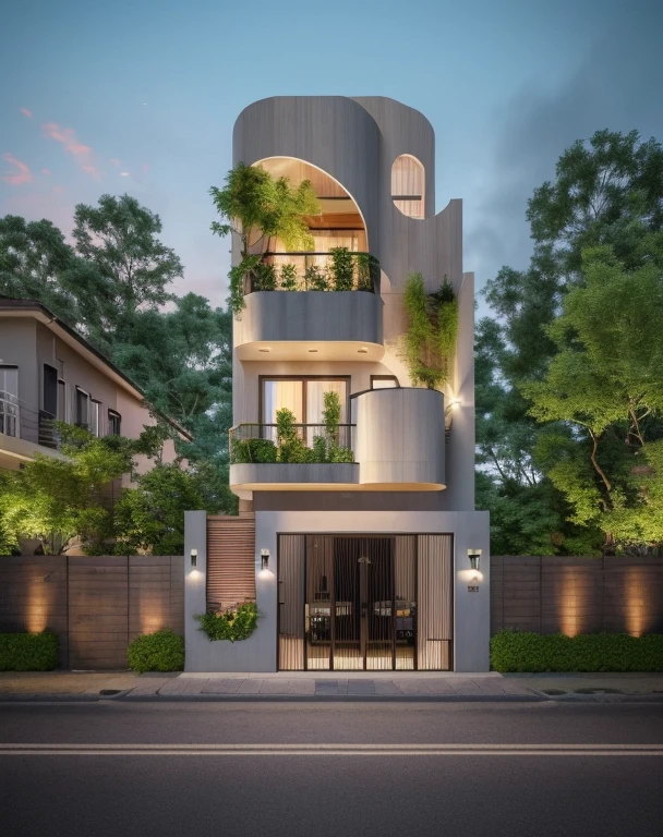 (Townhouse in city ,close houses and trees), daylight ( best quality) ((high solution)) ,(( photo realistic)) ,warm light, (sharp focont view of townhouse in style of modern,small house, Narrow area,VietNam,facade, curved arch,beautiful facade,curved windown,narrow and long ,two-storey,mutual colours, soft lighting, warm atmosphere,high Resolution, hyper detailed,4k ,vray render, octane render, hyper realistic, photography expert ,exterior design , professional photography, exterior photography,wide-angle shot , ultra detail , high Resolution , full frame, full body