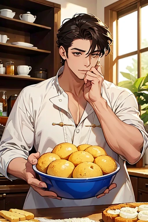 obra de arte, melhor qualidade, bolo de queijo, delicioso, perfumado, 1 homem, baking bolo de queijo