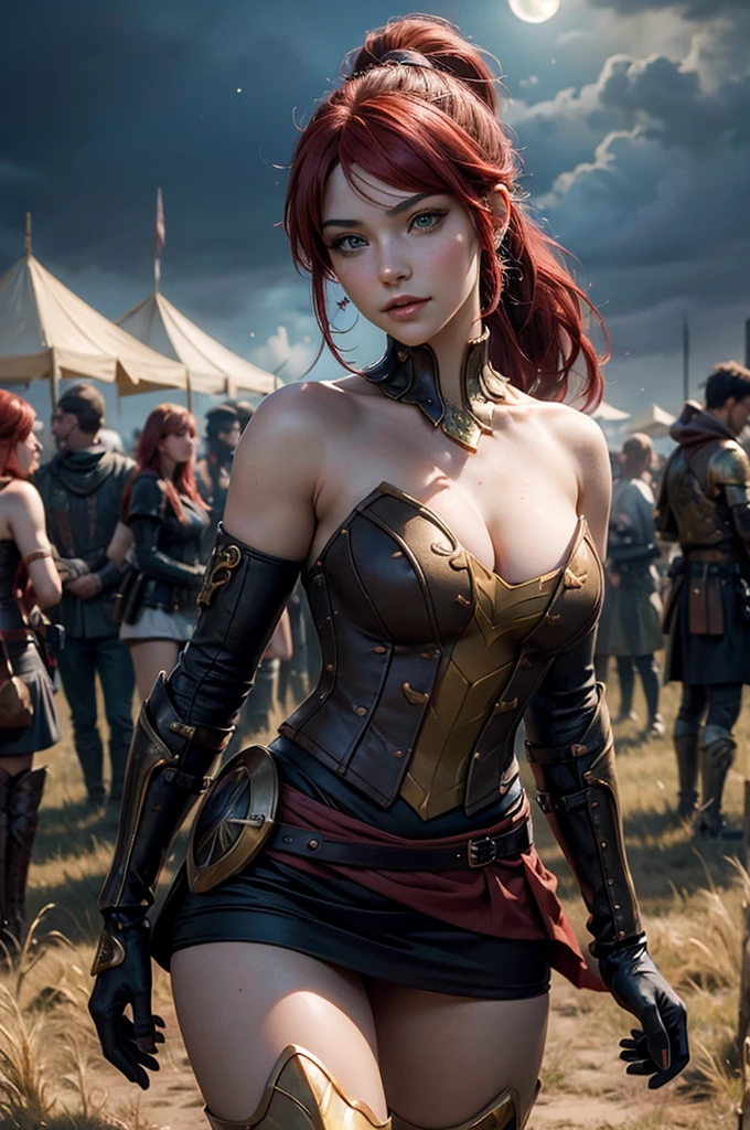 stunning girlfriend, heart shaped face, elegant face, beautiful face, highly detailed face, highly detailed skin, skin pores, subsurface scattering, realistic pupils, full lips, detailed background, depth of field, atmospheric perspective, volumetric lighting, sharp focus, absurdres, realistic proportions, good anatomy, (realistic, hyperrealistic:1.4), 16k hdr, ((best quality)), ((highly detailed)), absurdres, (detailed eyes, deep eyes), (1girl), full body, pyrrha nikos, rwby, red hair, ponytail, green eyes, medium breasts, smile, circlet, bustier, bare shoulders, skirt, elbow gloves, bracers, armored boots, night, stars, moonlight, standing, in field, crowd
