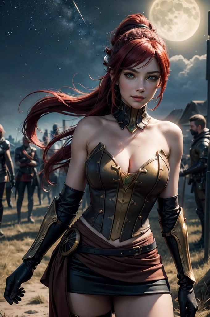 stunning girlfriend, heart shaped face, elegant face, beautiful face, highly detailed face, highly detailed skin, skin pores, subsurface scattering, realistic pupils, full lips, detailed background, depth of field, atmospheric perspective, volumetric lighting, sharp focus, absurdres, realistic proportions, good anatomy, (realistic, hyperrealistic:1.4), 16k hdr, ((best quality)), ((highly detailed)), absurdres, (detailed eyes, deep eyes), (1girl), full body, pyrrha nikos, rwby, red hair, ponytail, green eyes, medium breasts, smile, circlet, bustier, bare shoulders, skirt, elbow gloves, bracers, armored boots, night, stars, moonlight, standing, in field, crowd