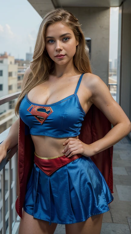 ((Best quality, Masterpiece, Nonsense)),1girll:1.9, Sexy, ( 18 years old, Expressive blue eyes, shoulder-length blonde hair, Long hair,Loose and fluffy hair),Dressed Supergirl cosplay (Super Girl Suite custom role-playing), Shortest red skirt,eechi, Terrace in 1 building, supergirl, cleavage, tiny thong, big tits,  big butt, tiny top suit, sexy hero pose, hard niples, sweaty skin, side boob, super girl logo in the chest