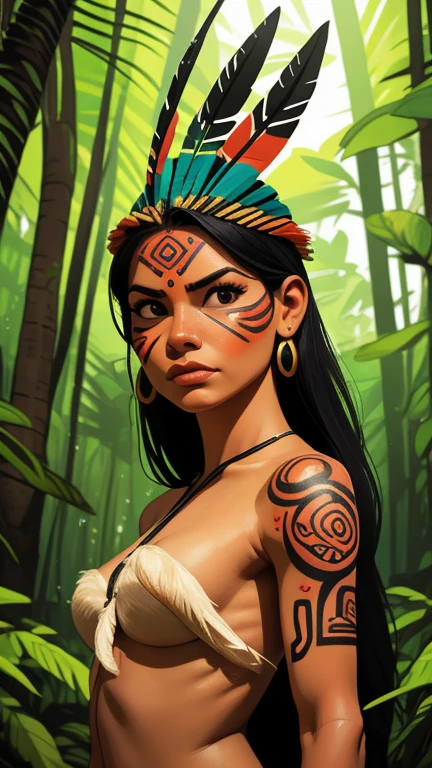 Arte em quadrinhos, pintura digital. A beautiful indigenous girl in native with feathers and feathers on her head, Amazonian indigenous peoples in Brazil, linda jovem feminina brasileira nativa, pintar o rosto, corpo inteiro, corpo detalhado, Indigenous tattoos, warrior position, empunhada com um arco e flecha, huntress, corpo quente, Yanomami Indian in typical costumes,alta qualidade. Amazon rainforest and river bottom. cores vivas, cinematic lighting. detalhado, intrincado, detalhado face.