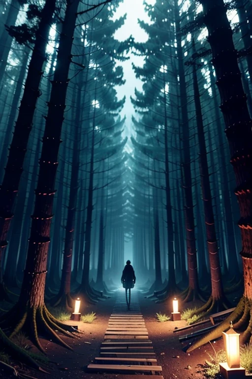 1-DigitalCreations, in a dazzling array of phosphorescent and neon colors, in a forest with Skulls lining the path