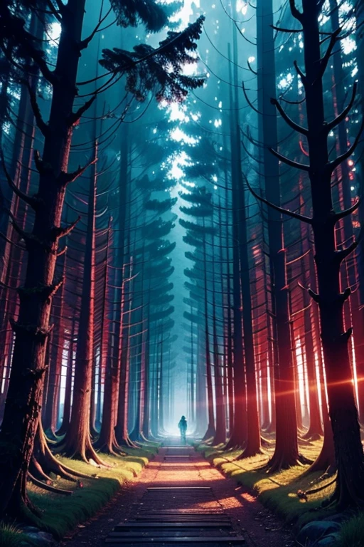 1-DigitalCreations, in a dazzling array of phosphorescent and neon colors, in a forest with Skulls lining the path