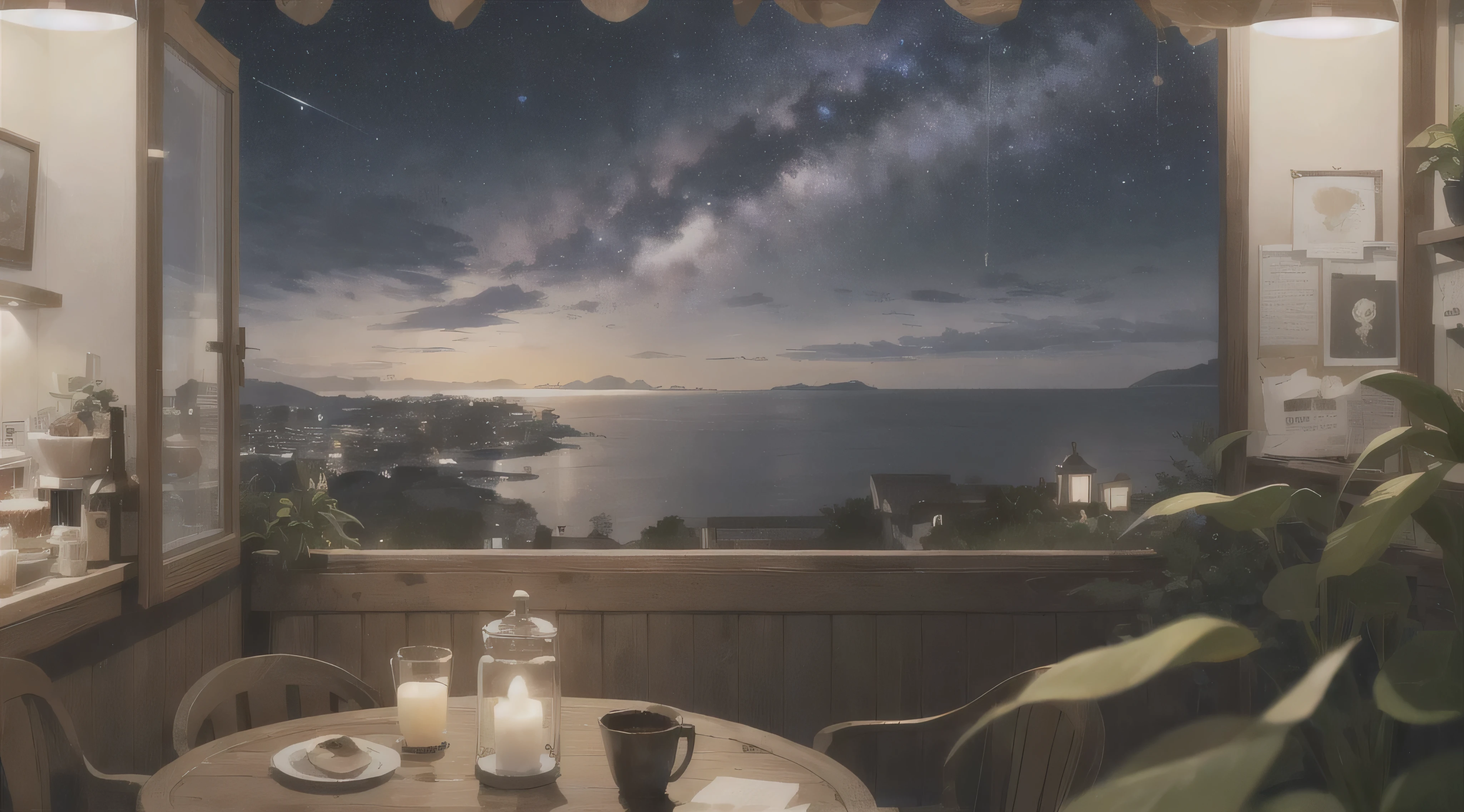 (highest quality: 1.5), (Super detailed: 1.5), (highest quality Photo: 1.5), Cafe,One Coffee,Outside the window, the sea as far as the eye can see, Starry Sky, Meteors, horizon, Pitch black sea, Midnight, Midnight, Milky Way, nebula, Particles of light, Very delicate and beautiful, very detailed, Mysterious, Cinematic Angles, 8k resolution, elegant, perfection, Smooth,Beautiful girl looking forward,one person, very cute, curly,