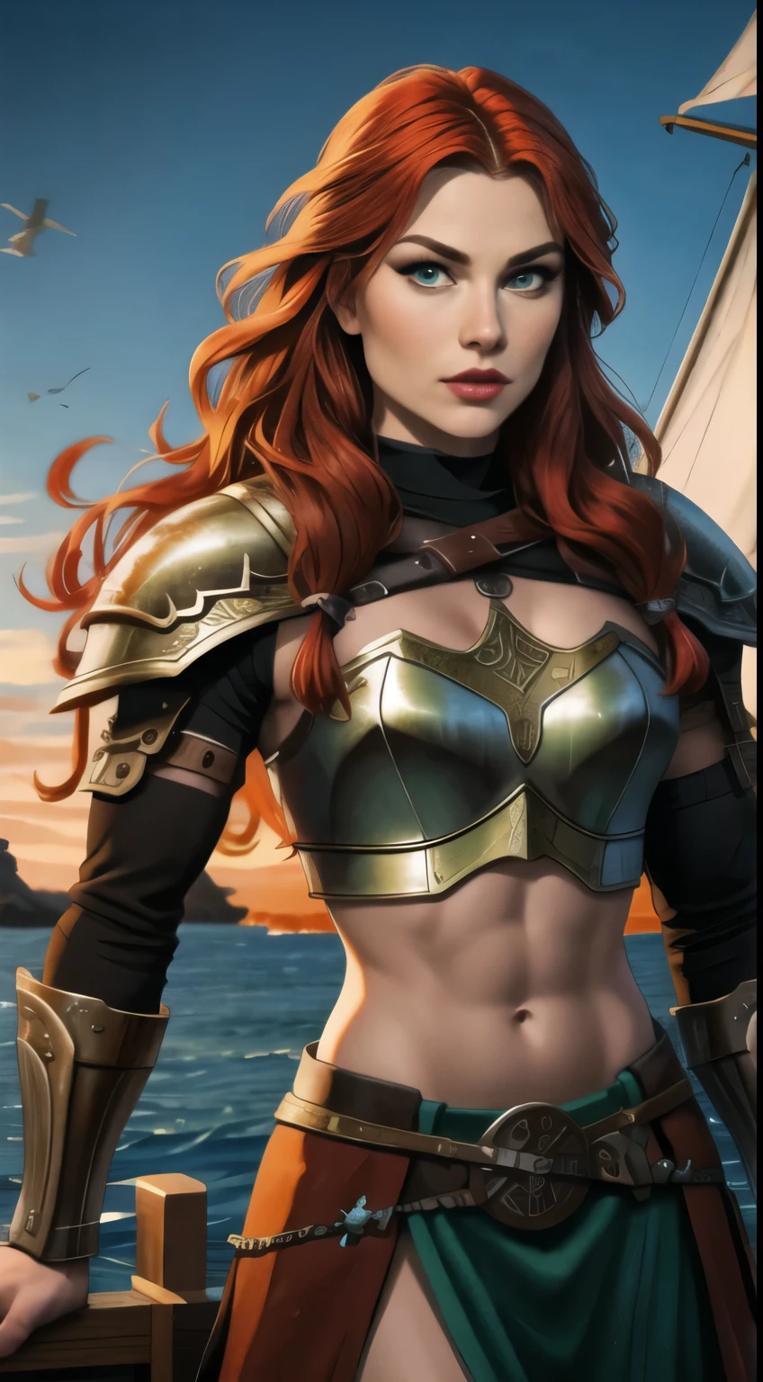 a viking warrior, long wavy red hair, green eyes, thin lips, round face, wearing viking armor, muscular and strong, sensual and imposing, looking at the viewer, viking woman on the viking ship, posing arrogantly on the bow of the boat