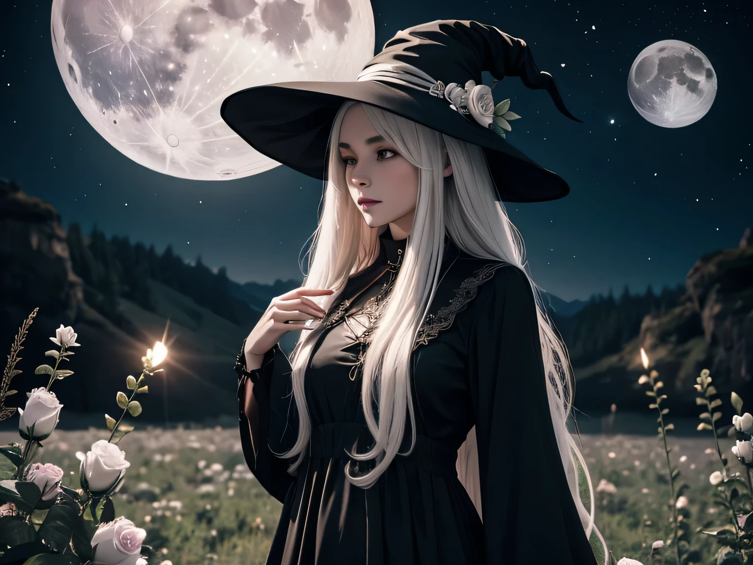 female body, witch hat, black dress, hart horns, herbs and flowers around, white long hair, moon,