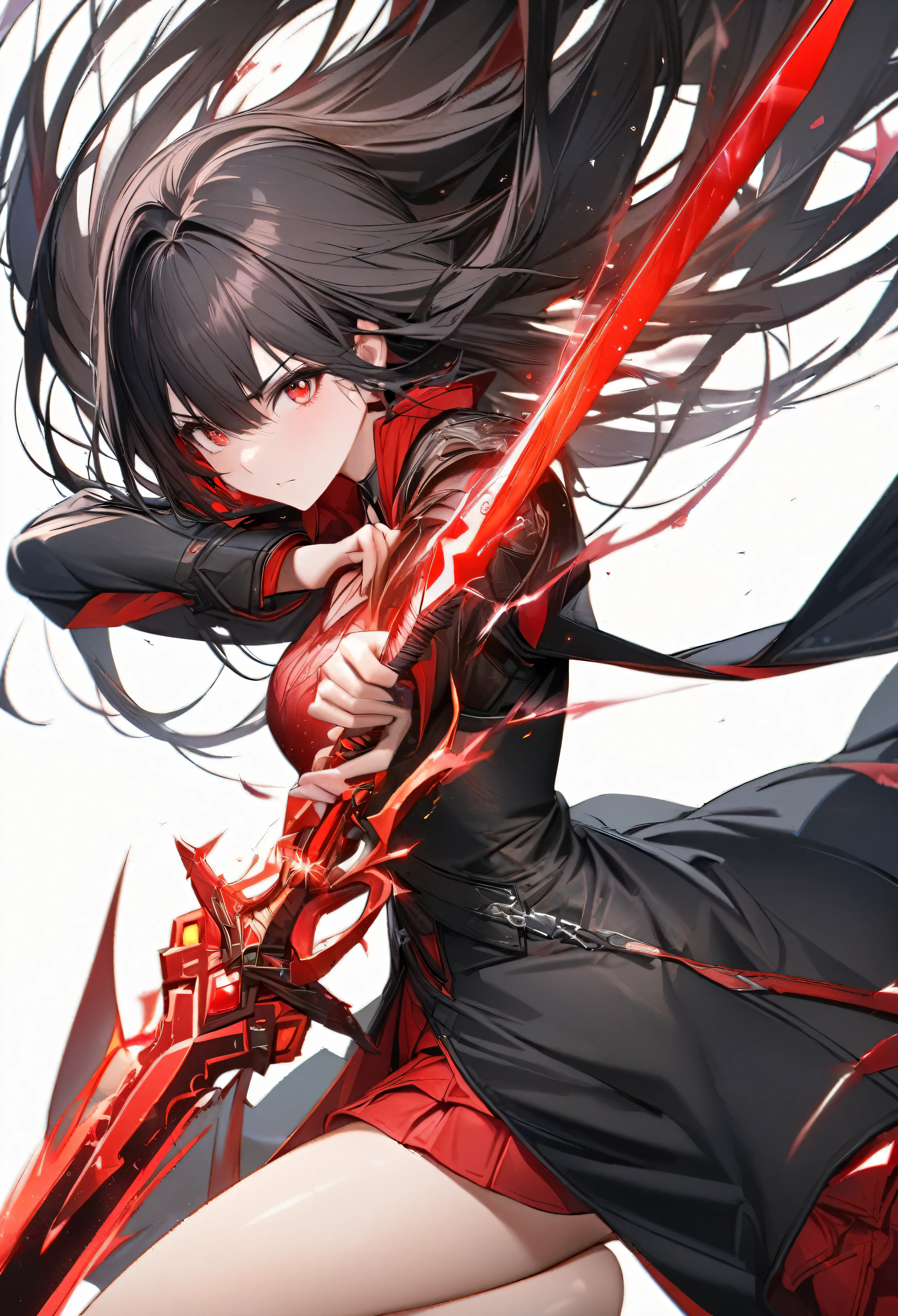 1girl, solo, black hair, long hair, red eyes, black long coat, 1 girl holding red sword, red lightning from sword, red crystal shine from inside the sword, correctly cut red crystal shine and floating on air, simple background, white background, ultra detailed, 8k