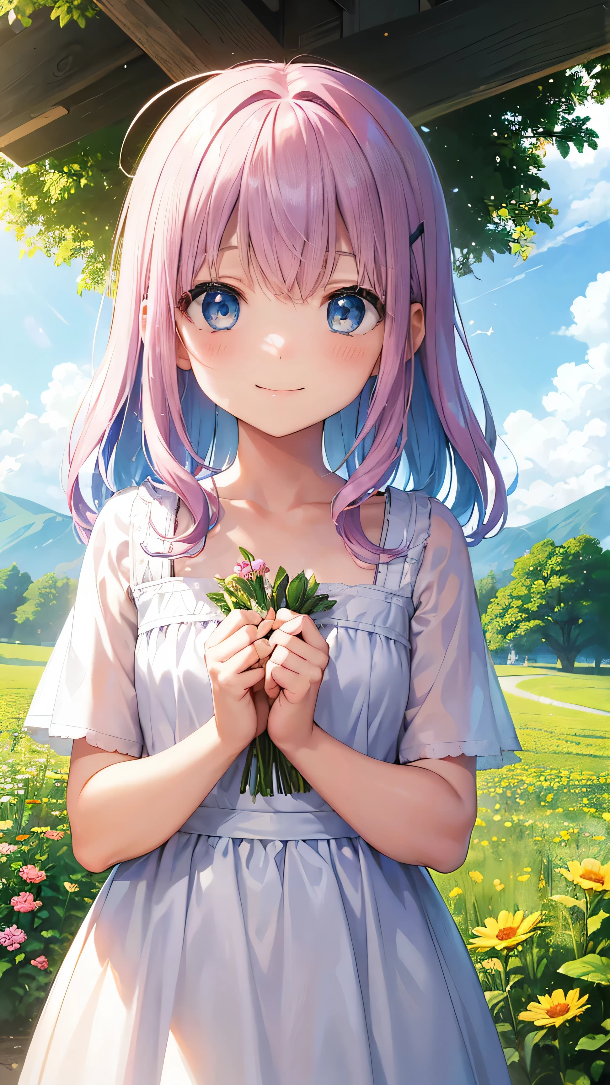 Two pure and innocent girls,10 years old、2 people(Pink-haired person、1 Name Light Blue Hair)、Cute face、Beautiful Eyes、Natural Beauty、Warm sunshine、Wildflowers swaying in the wind々Surrounded by、Enjoying time in the fields。Butterflies and birds fly around her、Creates a playful atmosphere、fun、smile、