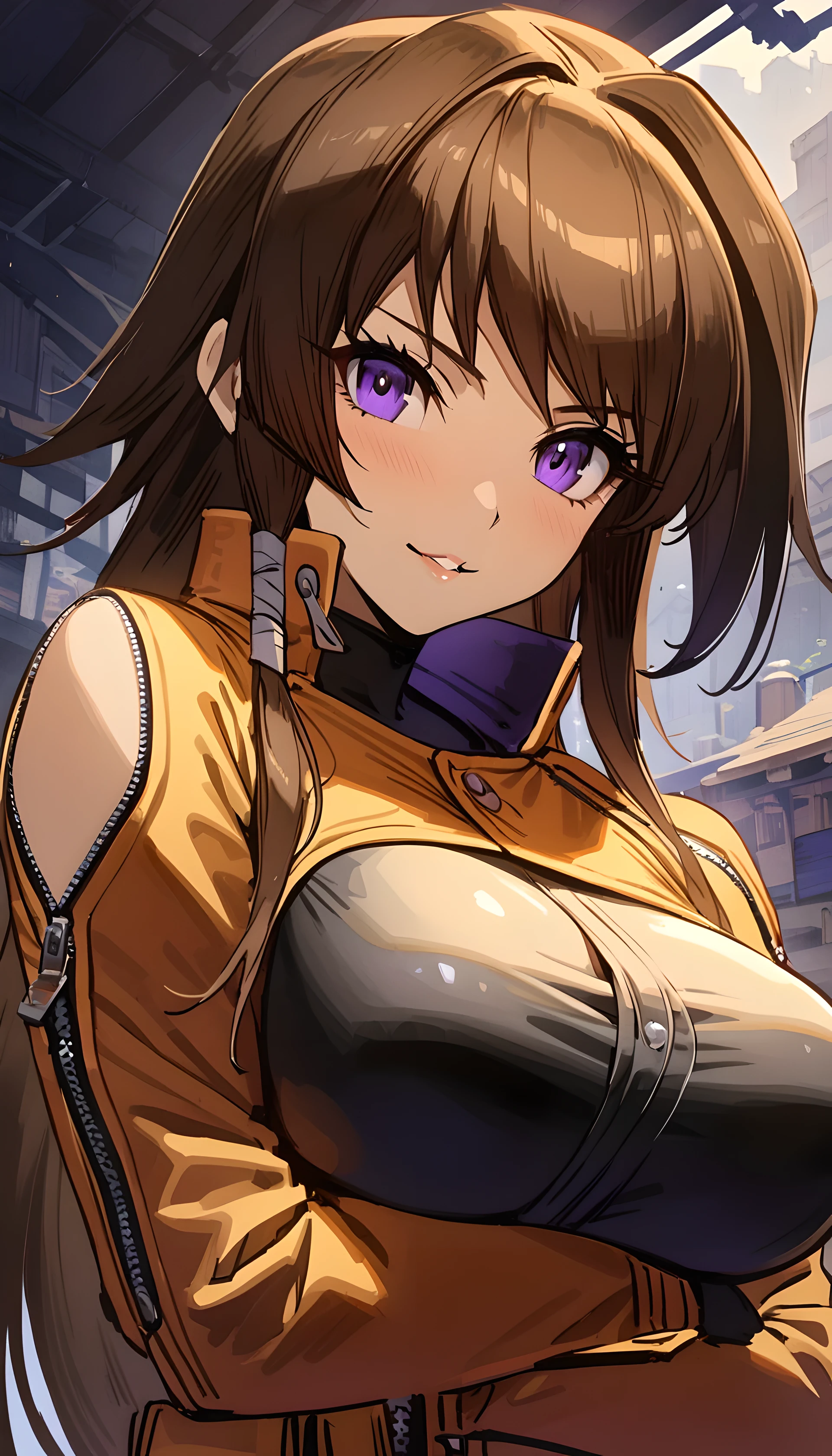 (masterpiece),(best quality),(ultra-detailed),(best illustration),(best shadow),(absurdres),(detailed background),(very aesthetic), 1girl, solo, takamura yui, brown hair, purple eyes, long hair, originaloutfit, upper body, luscious lips, large breasts, seductive smile, jacket, arms crossed, crossed arms, 