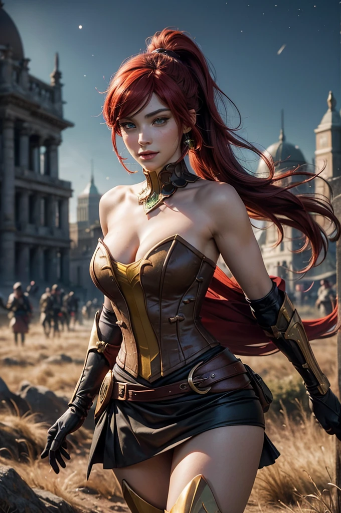 stunning girlfriend, heart shaped face, elegant face, beautiful face, highly detailed face, highly detailed skin, skin pores, subsurface scattering, realistic pupils, full lips, detailed background, depth of field, atmospheric perspective, volumetric lighting, sharp focus, absurdres, realistic proportions, good anatomy, (realistic, hyperrealistic:1.4), 16k hdr, ((best quality)), ((highly detailed)), absurdres, (detailed eyes, deep eyes), (1girl), full body, pyrrha nikos, rwby, red hair, ponytail, green eyes, medium breasts, smile, circlet, bustier, bare shoulders, skirt, elbow gloves, bracers, armored boots, night, stars, moonlight, standing, in field, crowd