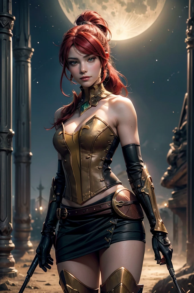 stunning girlfriend, heart shaped face, elegant face, beautiful face, highly detailed face, highly detailed skin, skin pores, subsurface scattering, realistic pupils, full lips, detailed background, depth of field, atmospheric perspective, volumetric lighting, sharp focus, absurdres, realistic proportions, good anatomy, (realistic, hyperrealistic:1.4), 16k hdr, ((best quality)), ((highly detailed)), absurdres, (detailed eyes, deep eyes), (1girl), full body, pyrrha nikos, rwby, red hair, ponytail, green eyes, medium breasts, smile, circlet, bustier, bare shoulders, skirt, elbow gloves, bracers, armored boots, night, stars, moonlight, standing, in field, crowd