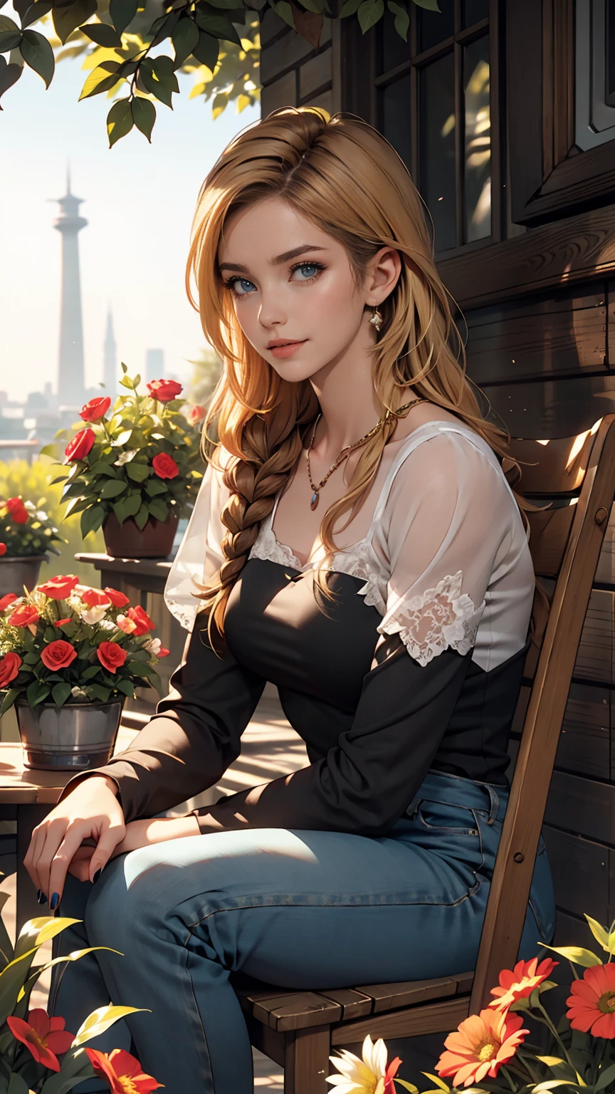 ((最high quality, 8K, masterpiece: 1.3, Ultra HD, high quality, 最high quality, High resolution, realism)) 、A 22-year-old extremely beautiful white woman、Slender but well-proportioned body、Hair color blonde、blue eyeedium Hair、Straight Hair、smile、Background blur((depth of field))、Aerial perspective((atmospheric perspective))、I want my head to stay off screen、Put an anklet on your ankle、Wearing red nail polish、I have a peticure、Slender but toned body、Inner Color((colored inner hair))、Braided long hair((low-braided long hair))、English style garden、gardening、Flower bed flowers in full bloom、the garden is grass、There are tables and chairs、tea time