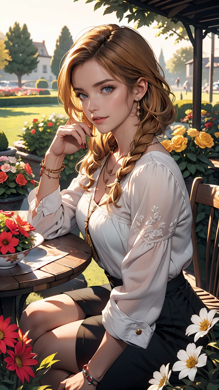 ((最high quality, 8K, masterpiece: 1.3, Ultra HD, high quality, 最high quality, High resolution, realism)) 、A 22-year-old extremely beautiful white woman、Slender but well-proportioned body、Hair color blonde、blue eyeedium Hair、Straight Hair、smile、Background blur((depth of field))、Aerial perspective((atmospheric perspective))、I want my head to stay off screen、Put an anklet on your ankle、Wearing red nail polish、I have a peticure、Slender but toned body、Inner Color((colored inner hair))、Braided long hair((low-braided long hair))、English style garden、gardening、Flower bed flowers in full bloom、the garden is grass、There are tables and chairs、tea time