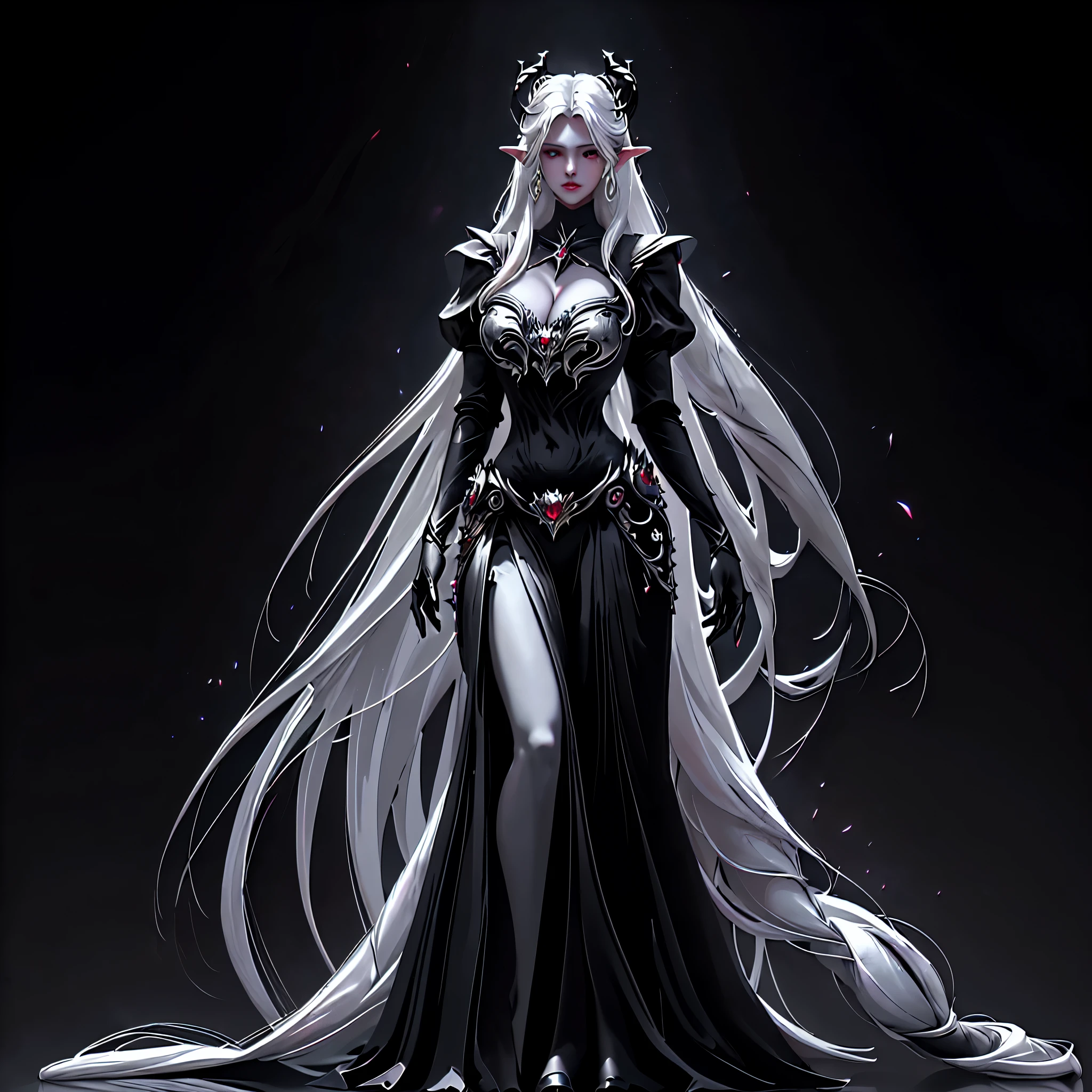 there is a woman dressed in a white and black outfit, elfa negro, elfa negrA princess, drow perfeito, drow, lindo drow, beautiful drow feminino, elfoA negrA maiden, fedrow femininA elfa, beautiful elfa negrA countess, hahaha, CavaleirA da morte, Ranger Drow, de um elfa feminina maligna, olhar maligno, maldade, terror, dark amor, raiva, hatred, nervosa, masterpiece, highest quality, (perfect face:1.1) , (high detail:1.1),Masterpiece, 8K, 。.3D, Realistic, Ultra-microphotography, Best quality, offcial art, True realism, lighting, Bright colors, lighting, Drama Lighting, Pretty face,([long hair hair]:1.8), (full body:1.8), (full-body standing image:1.8), (upper body up:0.3), (hyper realistic:1.4), (realistic:1.3), (best quality real texture skin),masterpiece, highest quality, (perfect face:1.1) , (high detail:1.1), dramatic, female triplets, breasts, white hair, red eyes, cleavage, long hair, curvy, large breasts,(HUGE hips:1.5), (Cameltoe),masterpiece, highest quality, (perfect face:1.1) , (high detail:1.1), dramatic, female triplets, breasts, white hair, red eyes, cleavage, long hair, curvy, large breasts