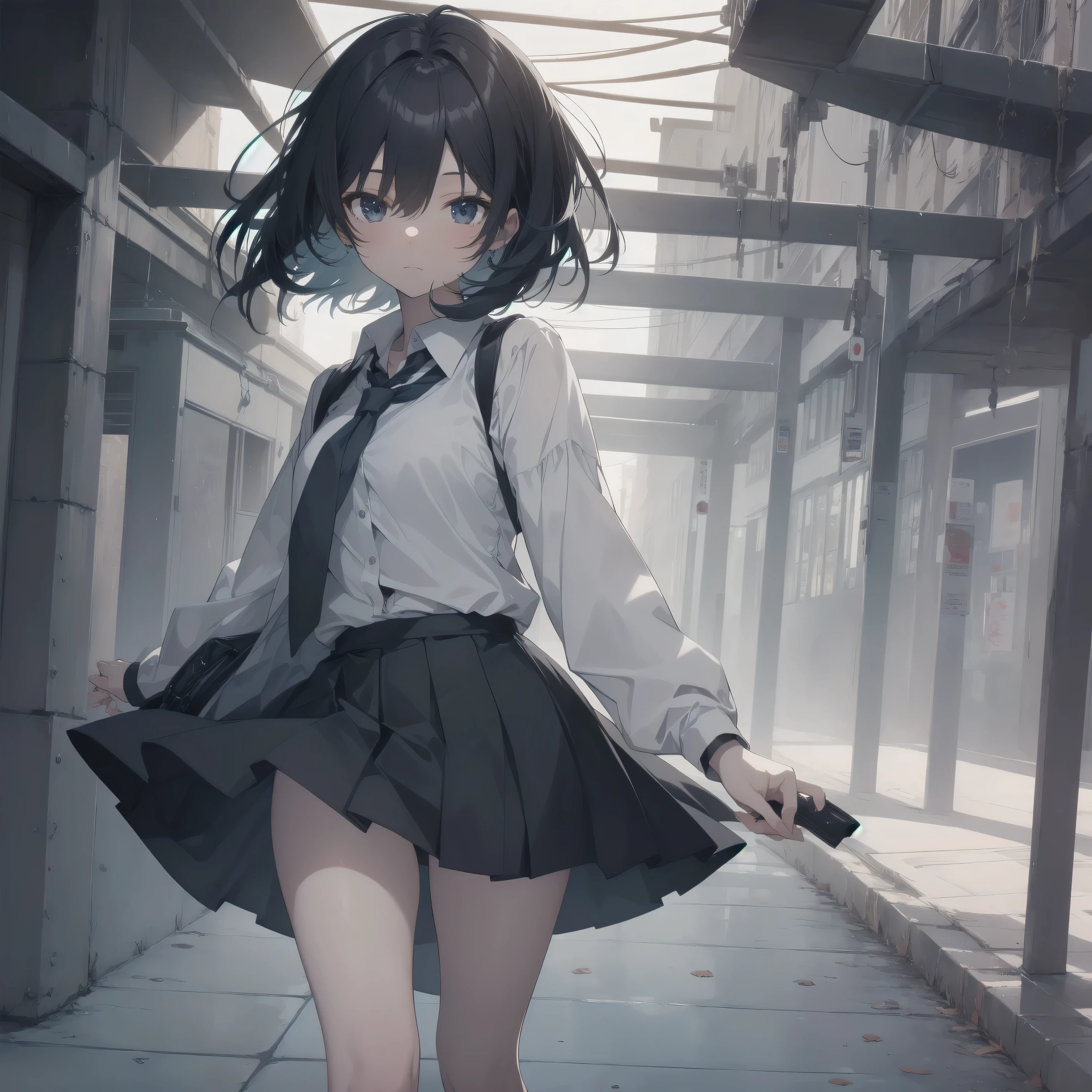 ultra-absurdres-Top quality by artist God, ultra-detailed, high resolution, anime moe artstyle, best anime 8k konachan wallpaper, pixiv contest winner,pool:2810, perfect anatomy,break, 1girl, (Please draw a girl walking sleepily to school alone. )break,(Solo,little female, 13-year-old:1.3),Full limbs, complete fingers,a junior high school student, (very short hair), short cut, flat chest, , small butt, small black eyes, beautiful detailed eyes, well-proportioned iris and pupils, expressive eyes, highres detailed hair, soft expression, school_uniform, official_alternate_costume, neckerchief, collared shirt. pleated skirt,(Detailed Lighting), (Detailed background), in the School commute route. break,super detailed skin, Best cinematic lighting powered by famous artist, 8k,beauty illustration,photoshop_(medium),very aesthetic,break,((artist:ido_(teketeke))), artist:bolze ,artist:oyari_ashito ,artist:kantoku ,