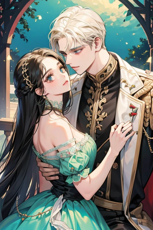 (masterpiece, a couple, high quality, best quality) The royal couple during the dance, The Guy is a perfect blond, blue-eyed aristocrat gave the impression of untouchability due to his overly bright facial features.A girl with long black hair, red eyes. Very close to each other. A girl in a beautiful dark green dress, a beautiful figure, very close to a guy, hugging excitedly, moonlight, beautiful facial features, desire, novel, couple, elegance. the cover of a novel for adults, good quality, sensual pose, lustful looks. the colors of the King,beautiful androgynous prince, knight and princess, delicate androgynous prince, romanticism art style, anime key visual of elegant, royal portrait, a girl with long black hair, resin-colored hair, red eyes, fair skin, light green dress. Background: The royal garden at night. Moon Lighting. Girl black hair red eyes, guy golden hair blue eyes, age 25, detailed face, manly man passionately hugs a girl, a girl is a princess of an enemy country with long black hair and red eyes, a man with golden hair and blue eyes, contrasting colors, passionate relationship, a girl in a green fitted dress with a neckline, a , male king in royal costume, after the ball, background of the royal garden, the lighting is cold, intimacy between the couple, passion. A very sexy man, . A girl is sitting on a man's lap, a passionate pose, a beautiful girl, a lot of details. Blond man, dark-haired girl, attraction between couple, sexy pose, addiction