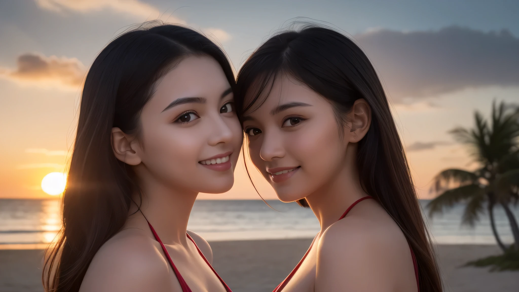 (2girl), enchanting smile, (extremely detailed beautiful face), (highly detailed eyes, highly detailed face), (bob hair), (bikini, cleavage), Fresh, very clean appearance, (best Quality:1.4), (hyper-realistic, hight resolution), Professional Photography, beach, palm trees, standing, Outdoors, (beach), beautiful bule sky, Close up portrait of girl, staring at me,