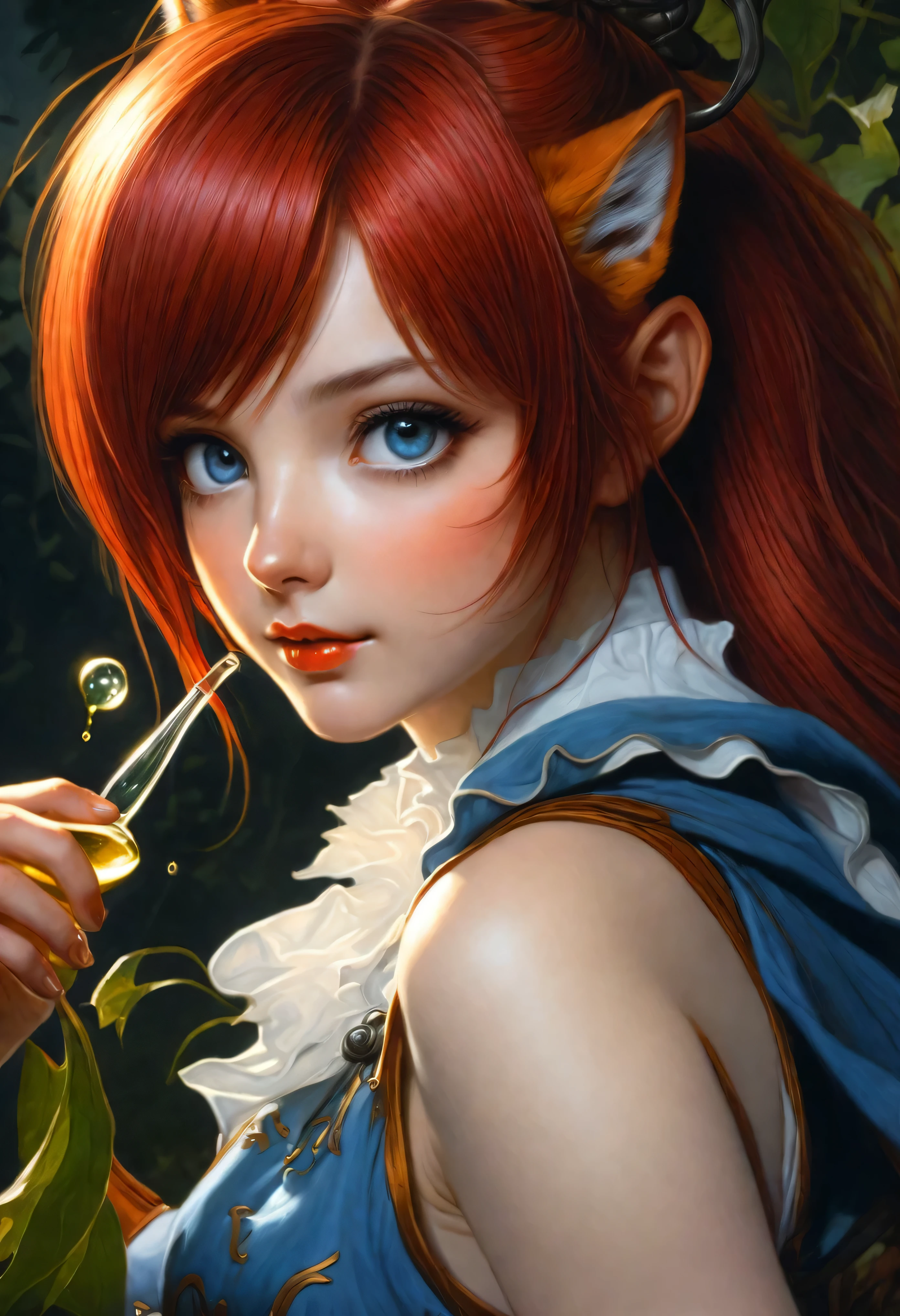 realism, dark fantasy style, John Tolkien style, Small painting by Jean-Baptiste Monge, Close-up angle of cute tiny fireflies, illuminating the bush, a Detailed painting, cgsociety, Detailed painting, Artstation HD, High detail, cgsociety, photorealism, conceptual art, Artstation HD, official art, hips ,Fox, Red hair , pointed ears, Fox girl with four tails in a beautiful kimano, Blue eyes , a small nose and a glass of wine, Jean-Baptiste Monge, anthropomorphic --ar 2:3 --testp - optimistic ,Best quality, masterpiece, in the style of dark fantasy art ,Jean-Baptiste Monge, anthropomorphic --ar 2:3 --testp - optimistic; ,art by Casimir, illustration of four-tailed shigenori soejima, Boris Vallejo. Detailed drawing of an anime character, detailed anime key figure, Granblue Fantasy, Taise Roman, A clear portrait of a role-playing game, Masamune Shiro, key cartoon figure of a fox girl in a dress with a glass of wine in her hands, cartoon style
